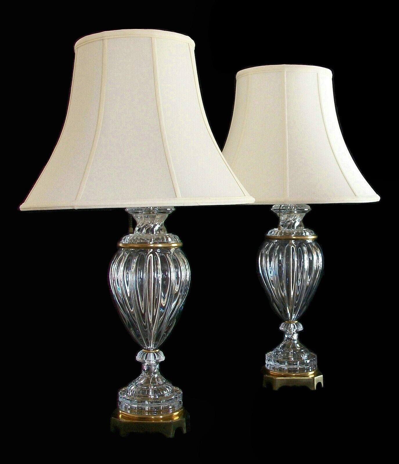 American Paul Hanson, Vintage Pair Baccarat Style Glass & Brass Lamps, U.S., C.1970's For Sale