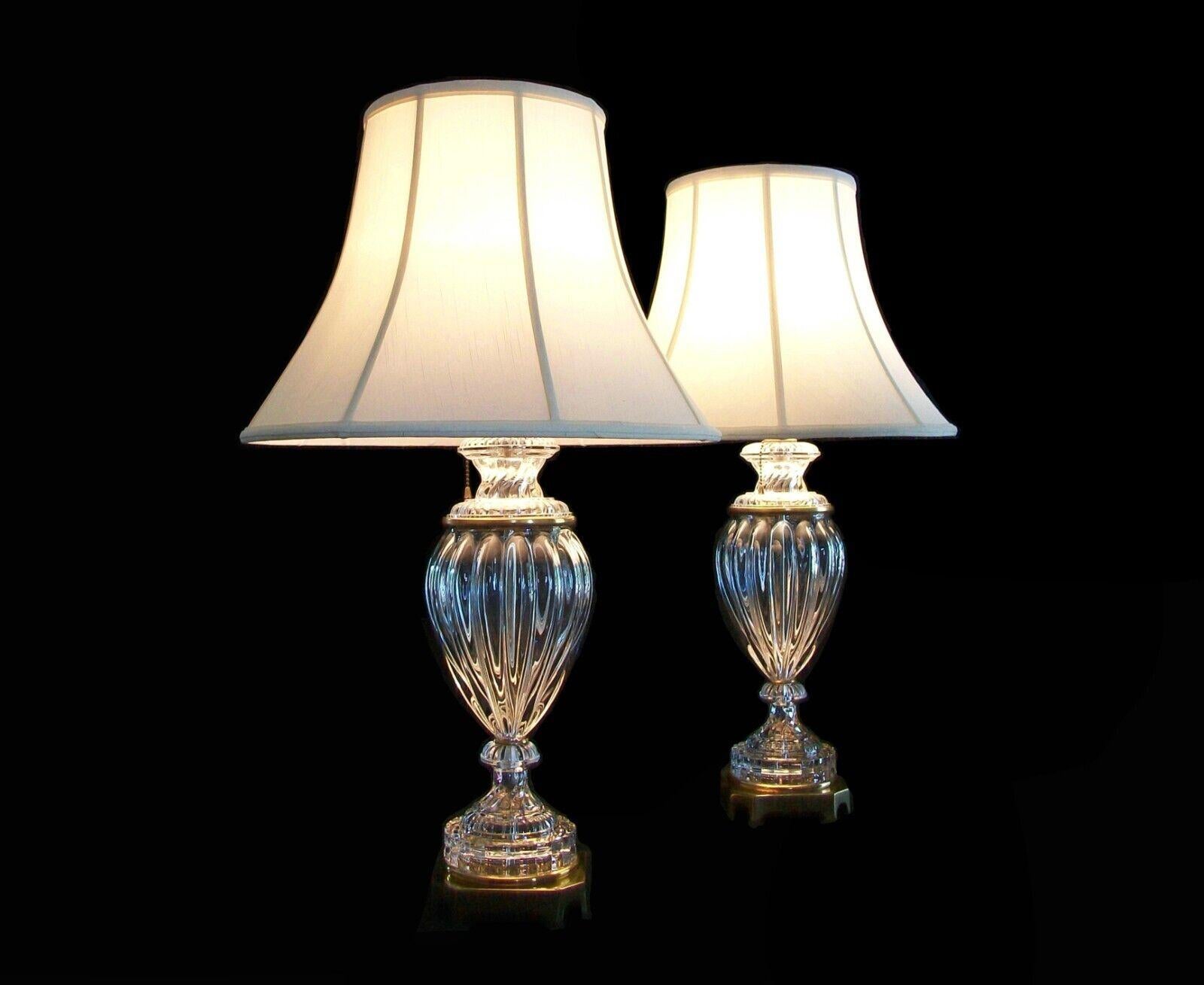 Polished Paul Hanson, Vintage Pair Baccarat Style Glass & Brass Lamps, U.S., C.1970's For Sale