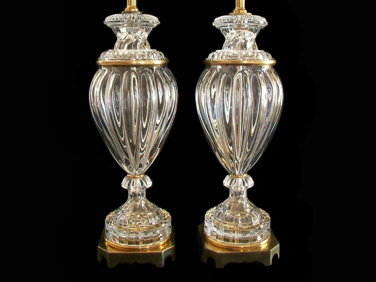20th Century Paul Hanson, Vintage Pair Baccarat Style Glass & Brass Lamps, U.S., C.1970's For Sale
