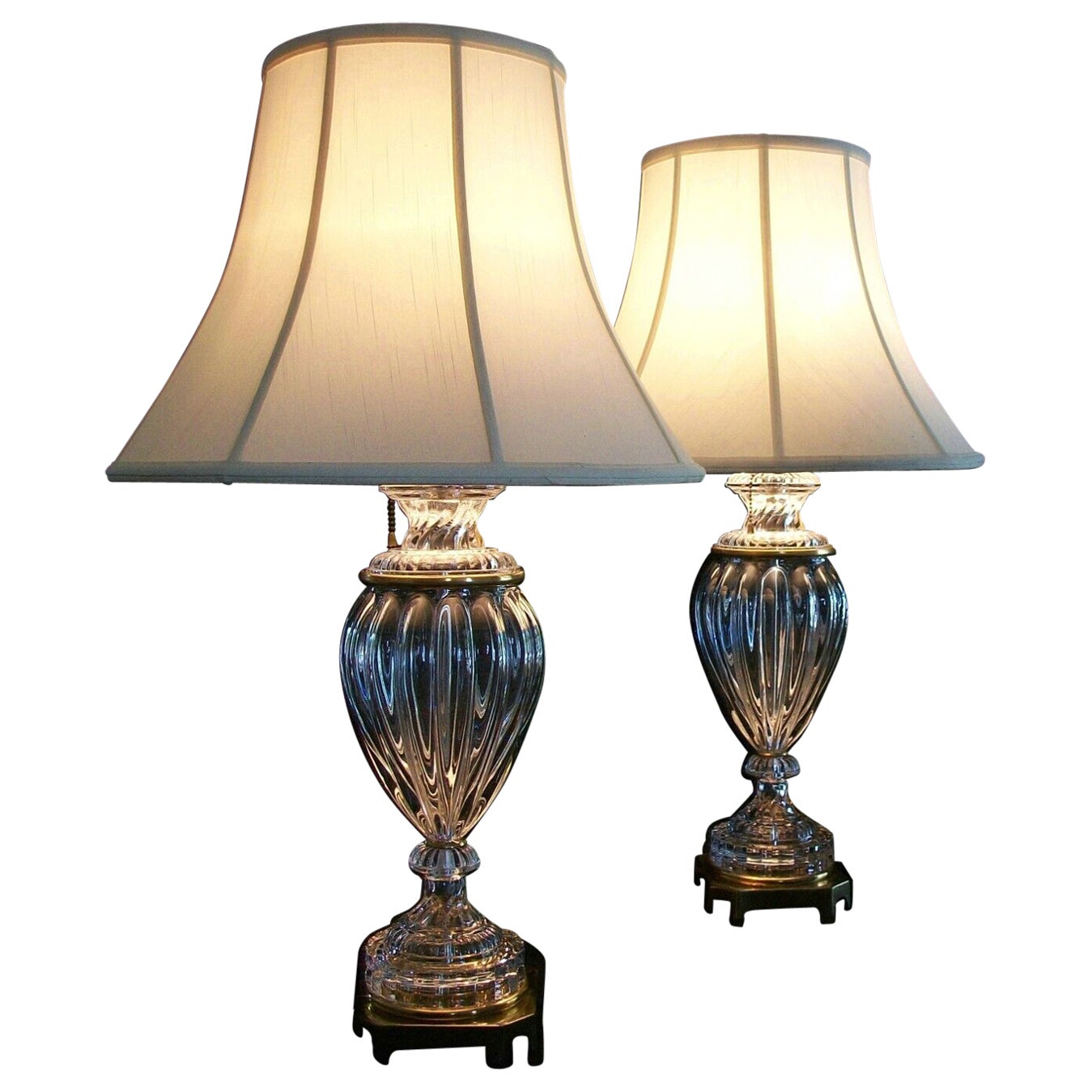Paul Hanson, Vintage Pair Baccarat Style Glass & Brass Lamps, U.S., C.1970's