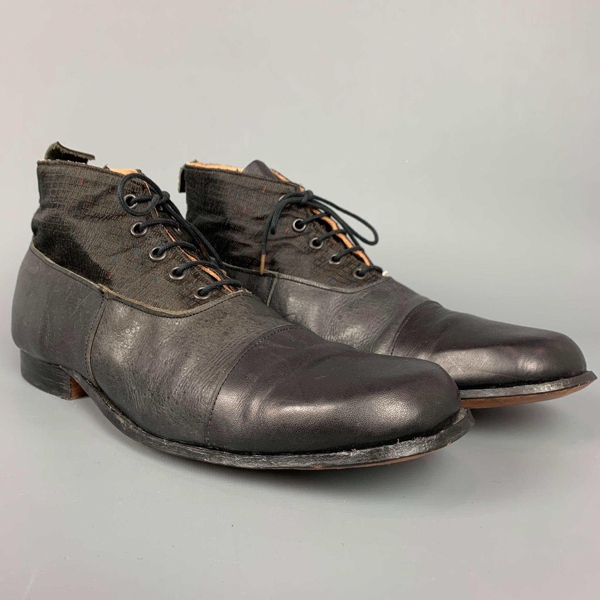 PAUL HARNDEN ankle boots comes in a black leather with a taupe silk trim design featuring a cap toe, wooden sole, and a lace up closure. 

Very Good Pre-Owned Condition.
Marked: 8
Original Retail Price: $1,395.00

Measurements:

Length: 12