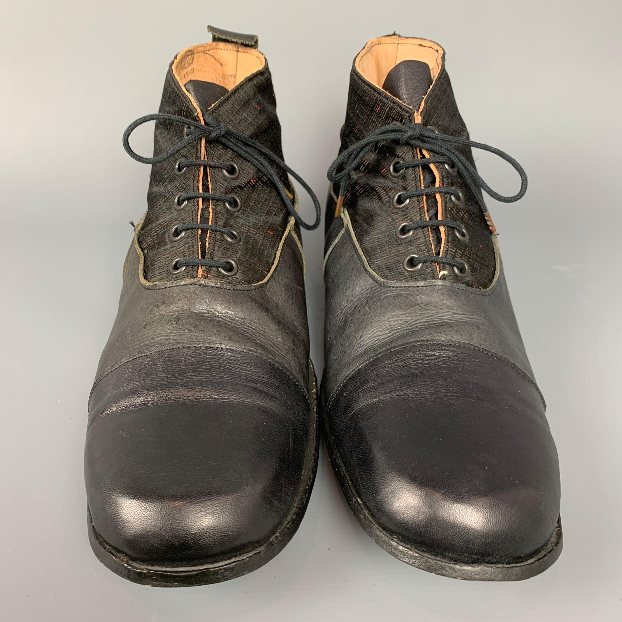 PAUL HARNDEN Size 8 Black & Taupe Mixed Leather / Silk Lace Up Ankle Boots In Good Condition In San Francisco, CA