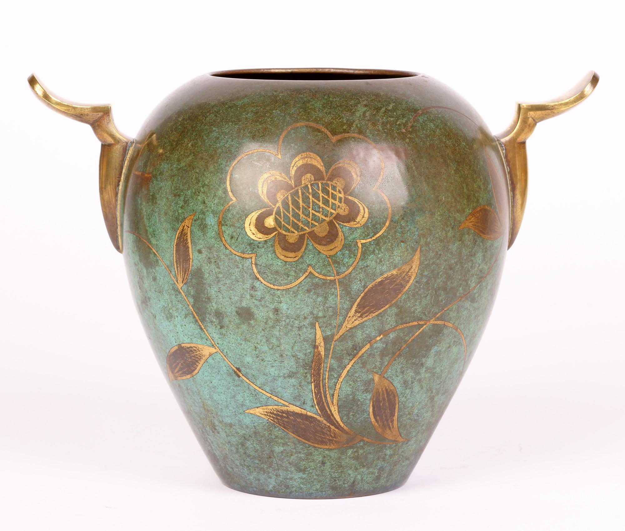 Paul Haustein for WMF Art Deco Patinated Twin Handled Bronze Floral Vase In Good Condition In Bishop's Stortford, Hertfordshire