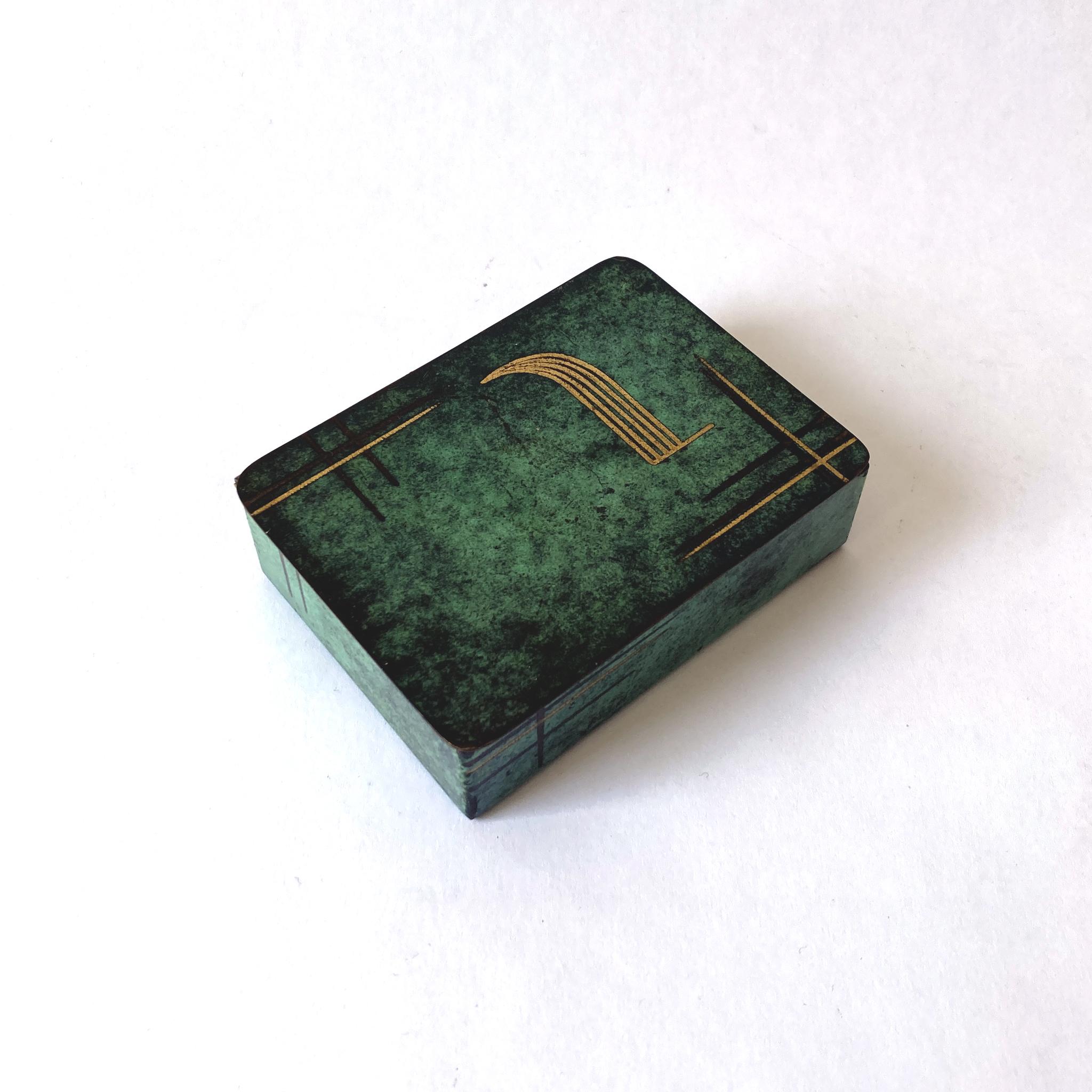 Art Deco WMF Ikora Paul Haustein Green Patinated Metal Hinged Box, Wood Lined