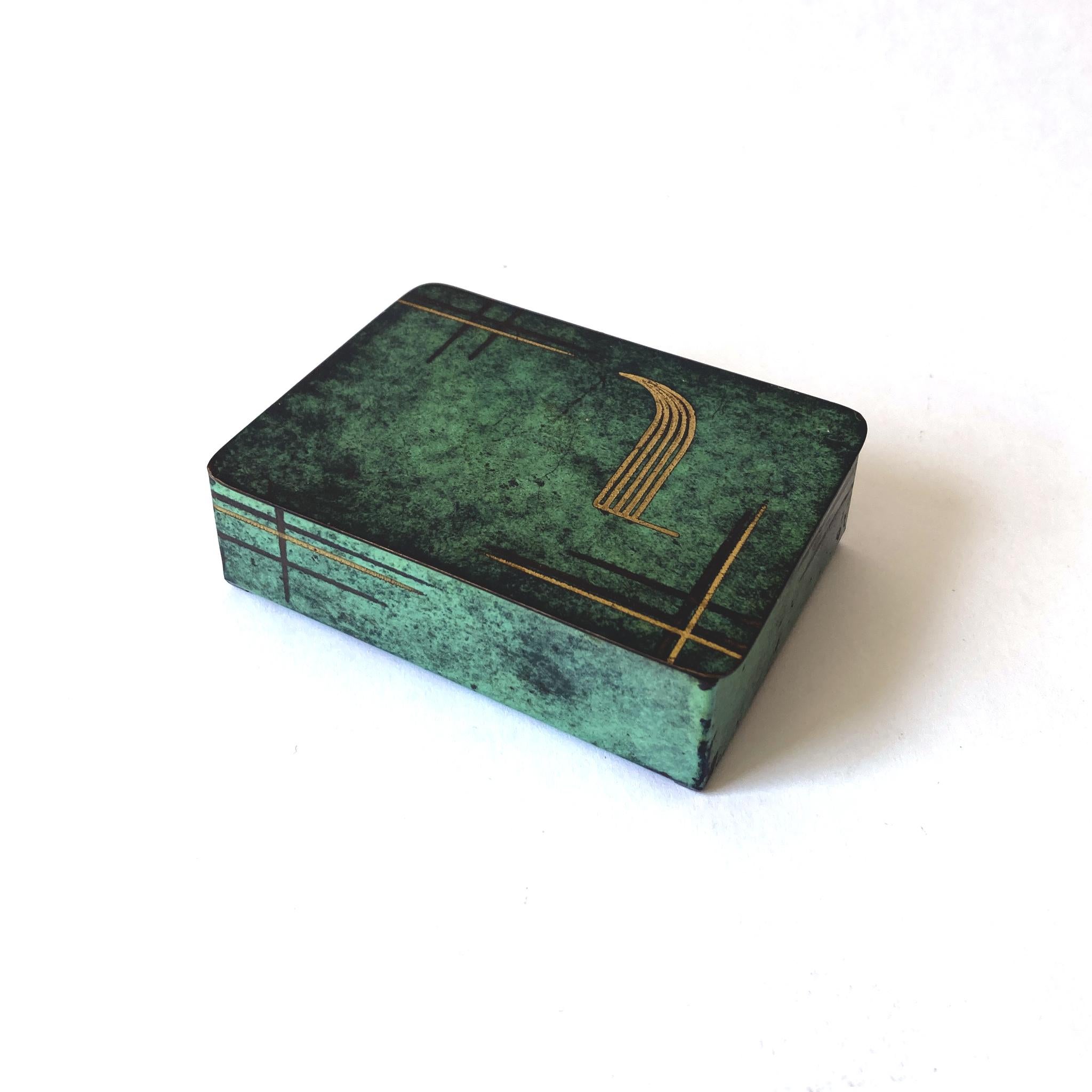 German WMF Ikora Paul Haustein Green Patinated Metal Hinged Box, Wood Lined