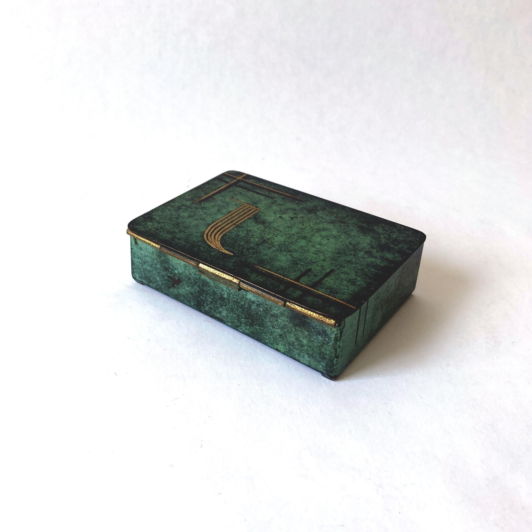WMF Ikora Paul Haustein Green Patinated Metal Hinged Box, Wood Lined In Good Condition In New York, NY