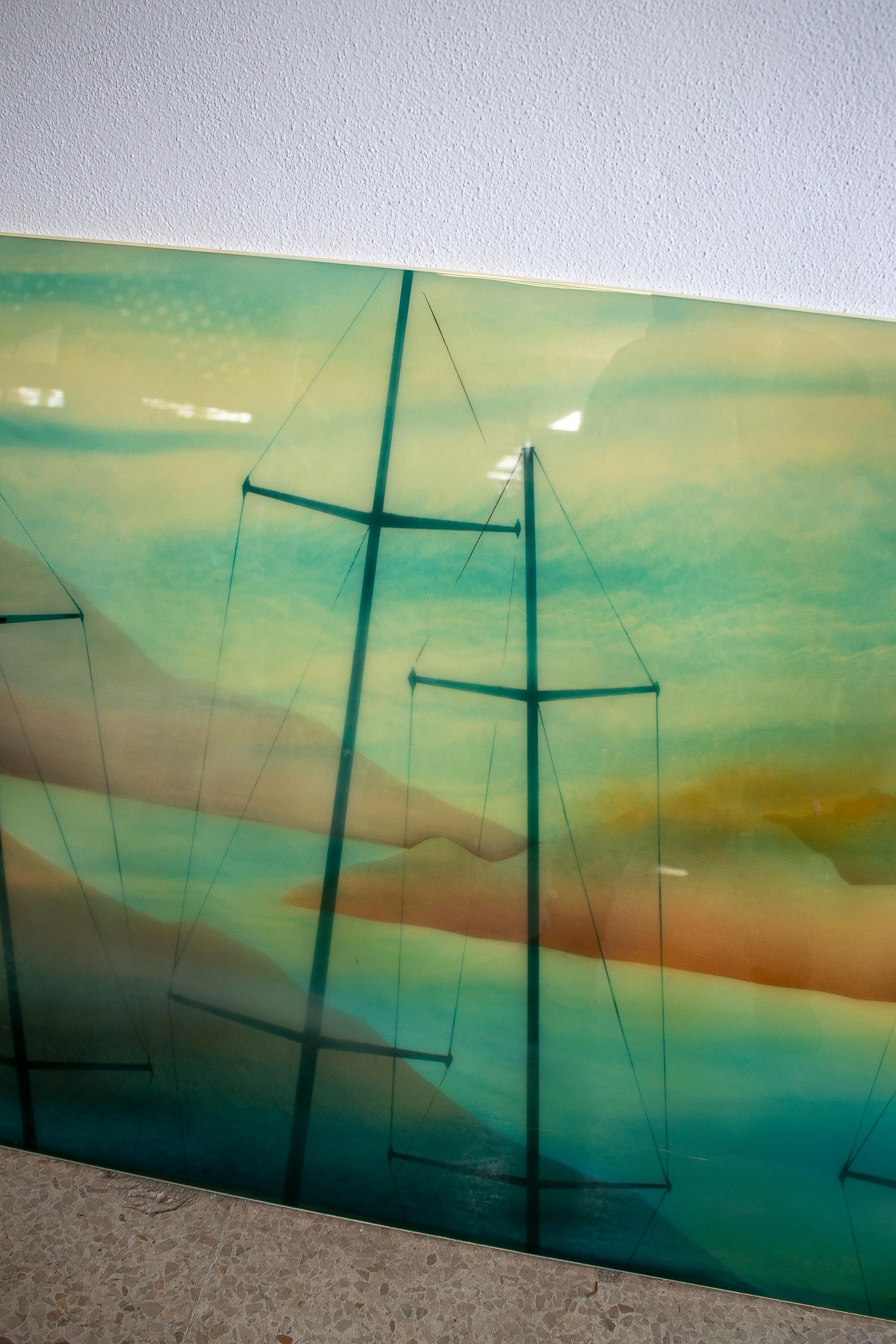 20th Century Paul Hemery 1970s Signed Resin Painting Marina Landscape w/ Boat Masts For Sale