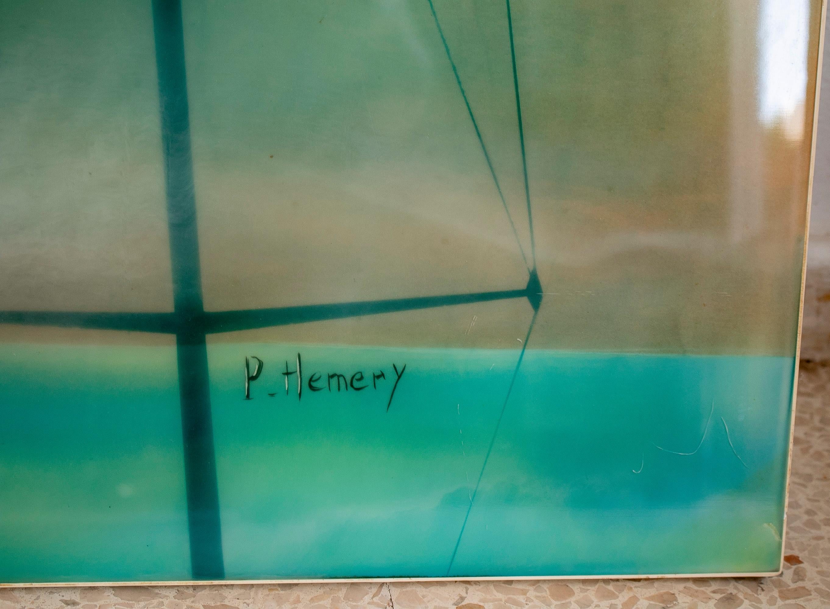 Paul Hemery - Peinture en résine signée des années 1970 - Paysage marin avec masques de bateaux en vente 2