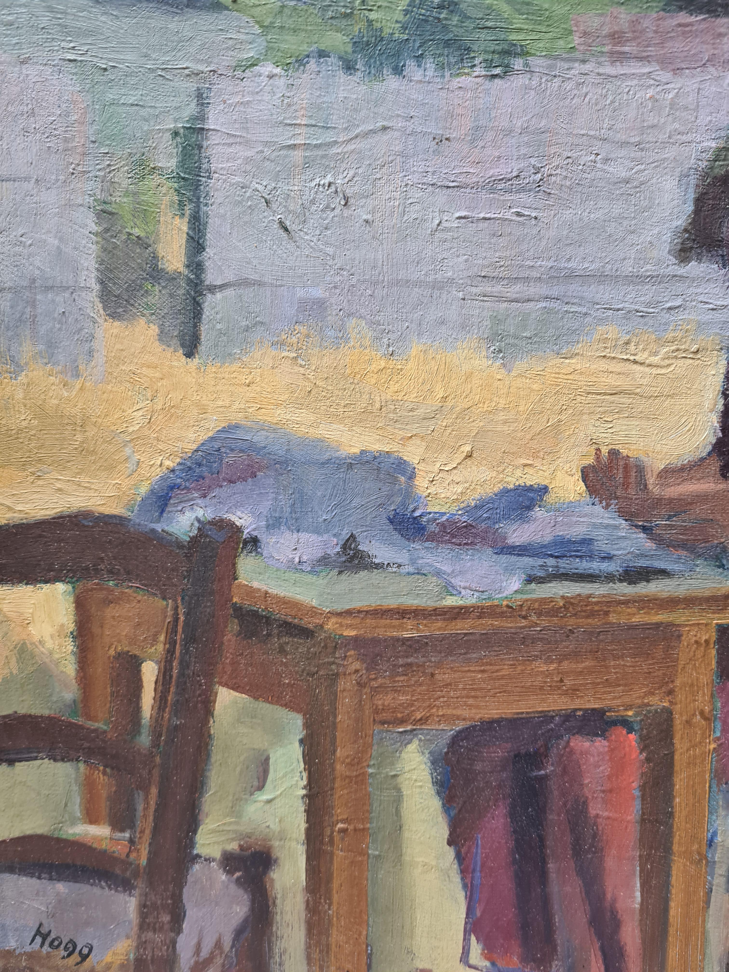 Óleo sobre tabla impresionista fauvista, A la sombra del jardín - Figurative Painting Gris de Paul Hercule Hogg