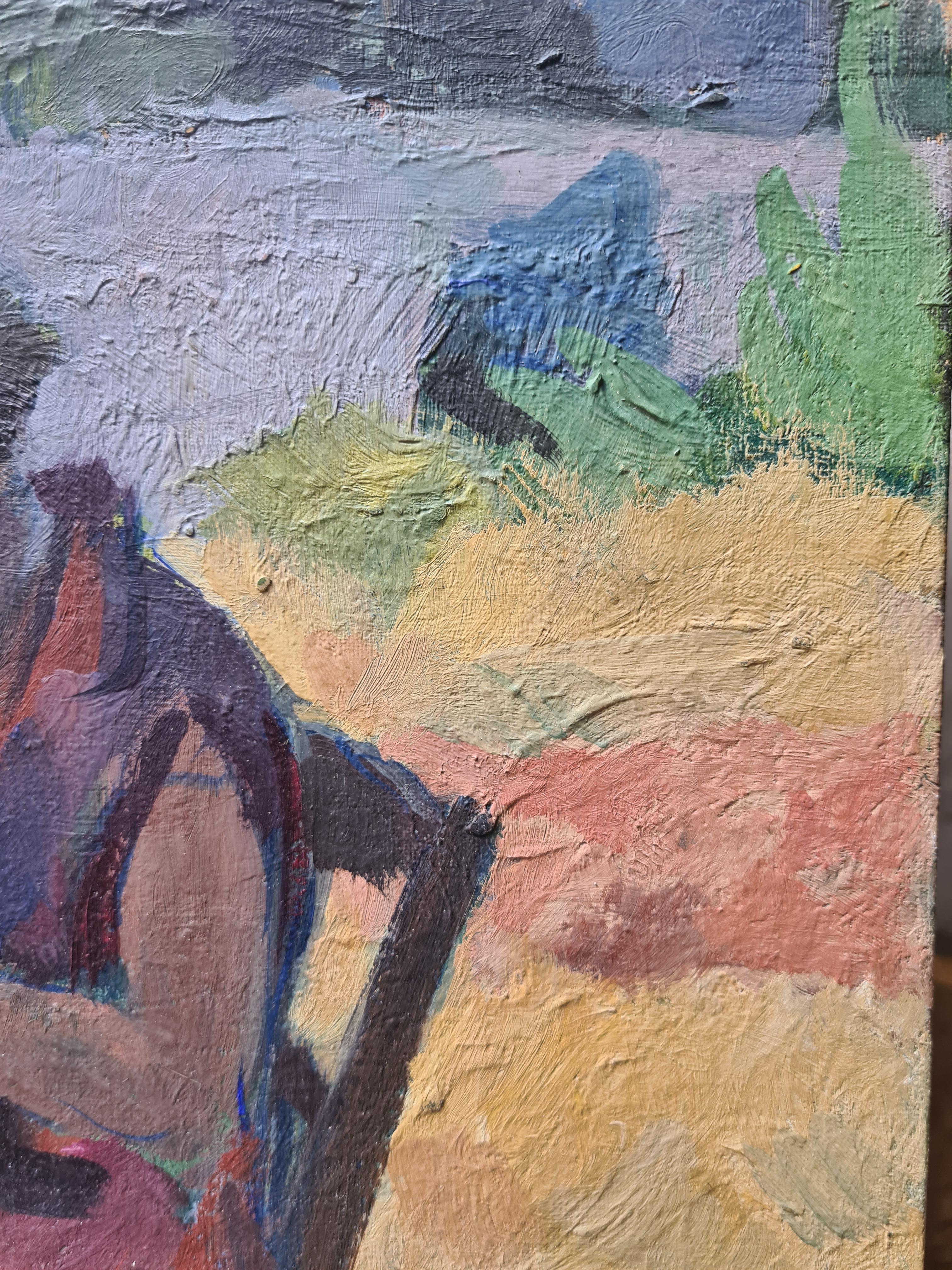 Vista de mediados del siglo XX de una figura en un jardín, del artista suizo Paul Hogg. El cuadro está firmado abajo a la izquierda y hay un inventario y restos de una etiqueta de título en la parte posterior de la tabla.

Una vista muy encantadora