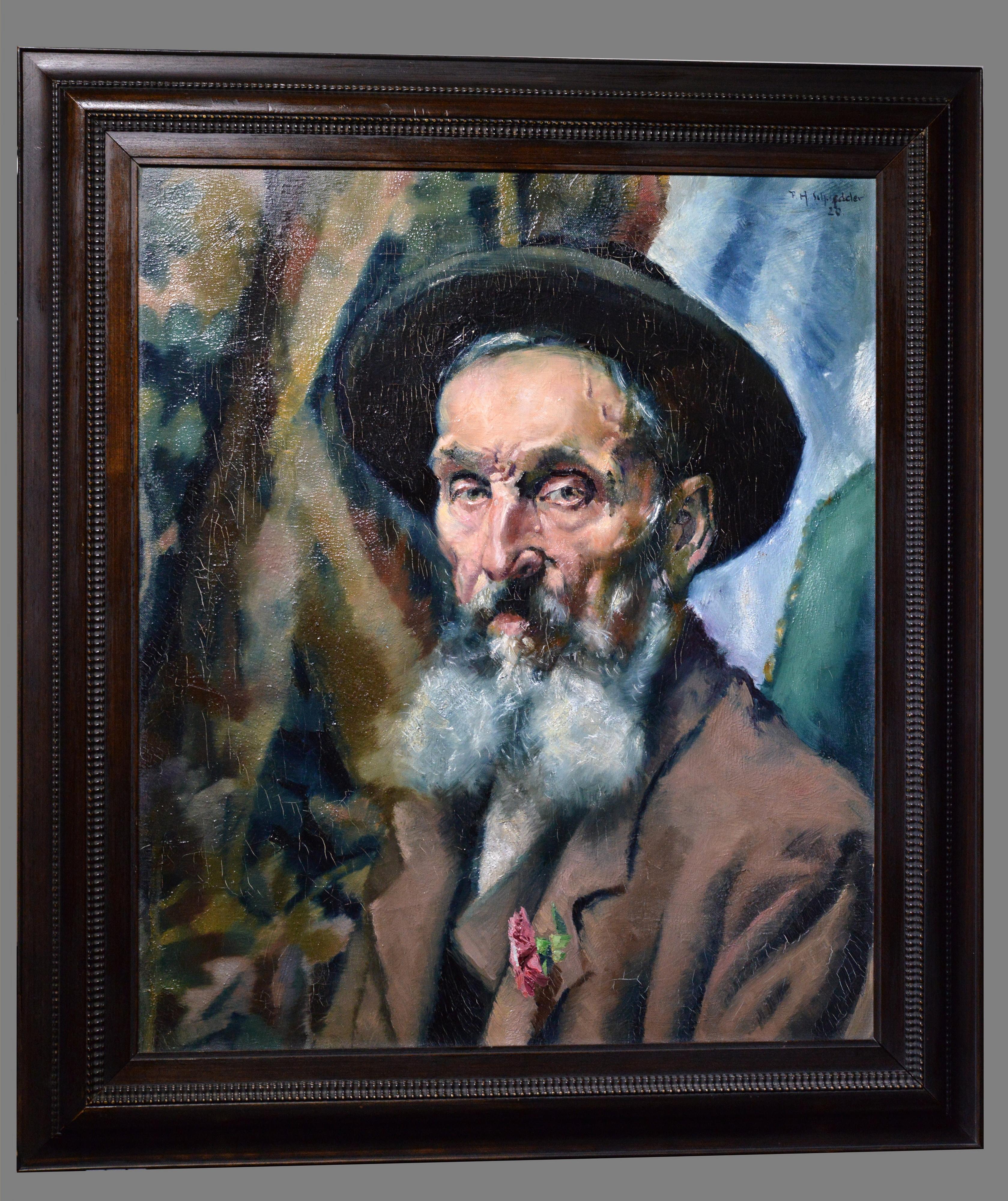 Modernist portrait Piercing gaze of elderly Jew German master 1920 Oil painting - Painting by Paul Hermann Schoedder