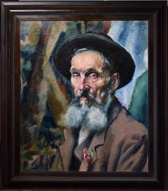 Vintage Modernist portrait Piercing gaze of elderly Jew German master 1920 Oil painting