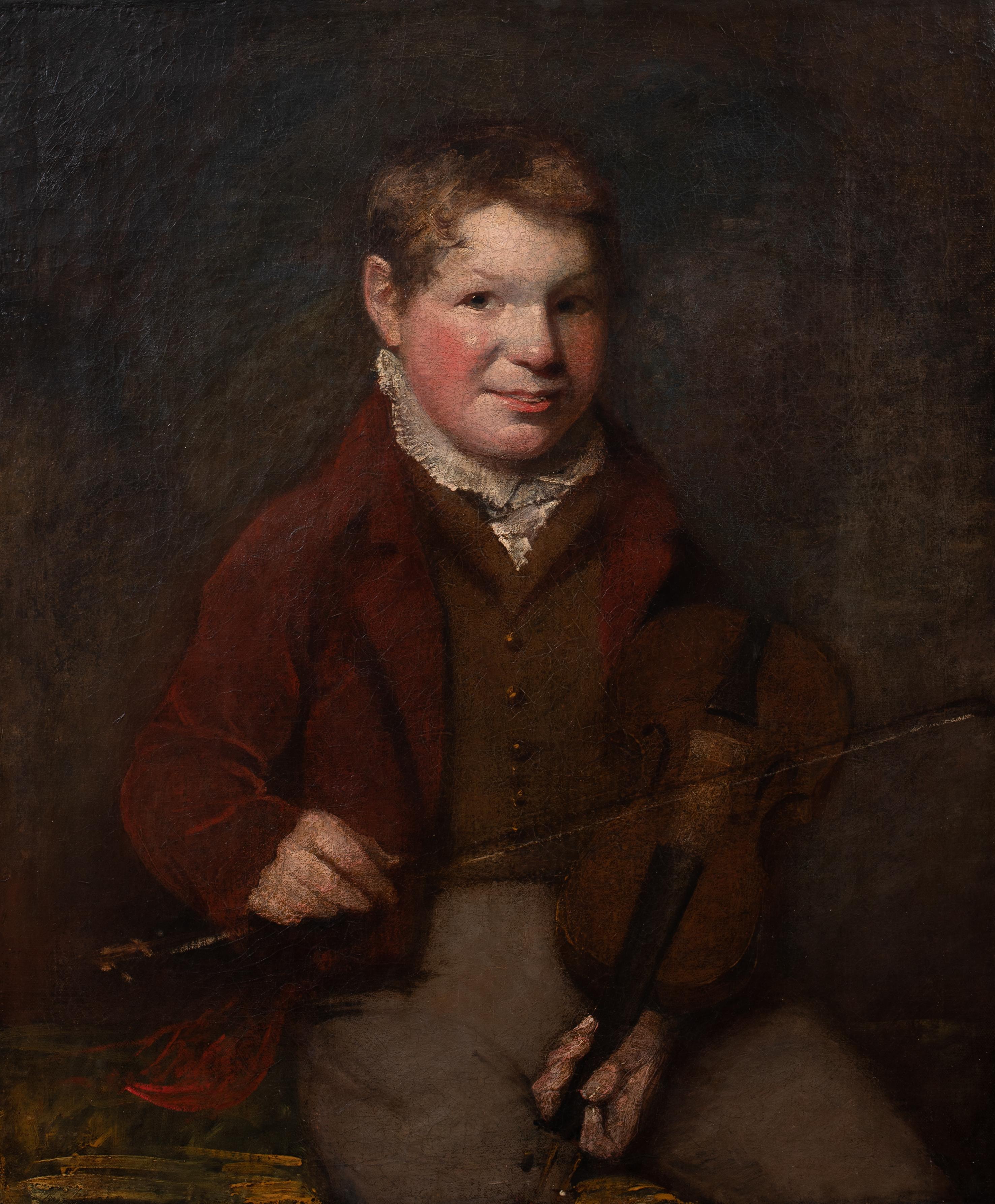 Ritratto di ragazzo e violino, XIX secolo  Scuola irlandese - Portrait Painting Nero di Unknown