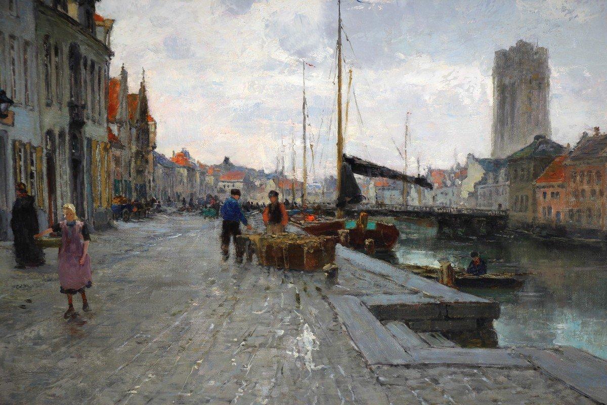 Large Oil On Canvas View Of The Wharfs Of Mechelen In Belgium Dated 1898 - Painting by Paul Hermanus