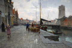 Large Oil On Canvas View Of The Wharfs Of Mechelen In Belgium Dated 1898