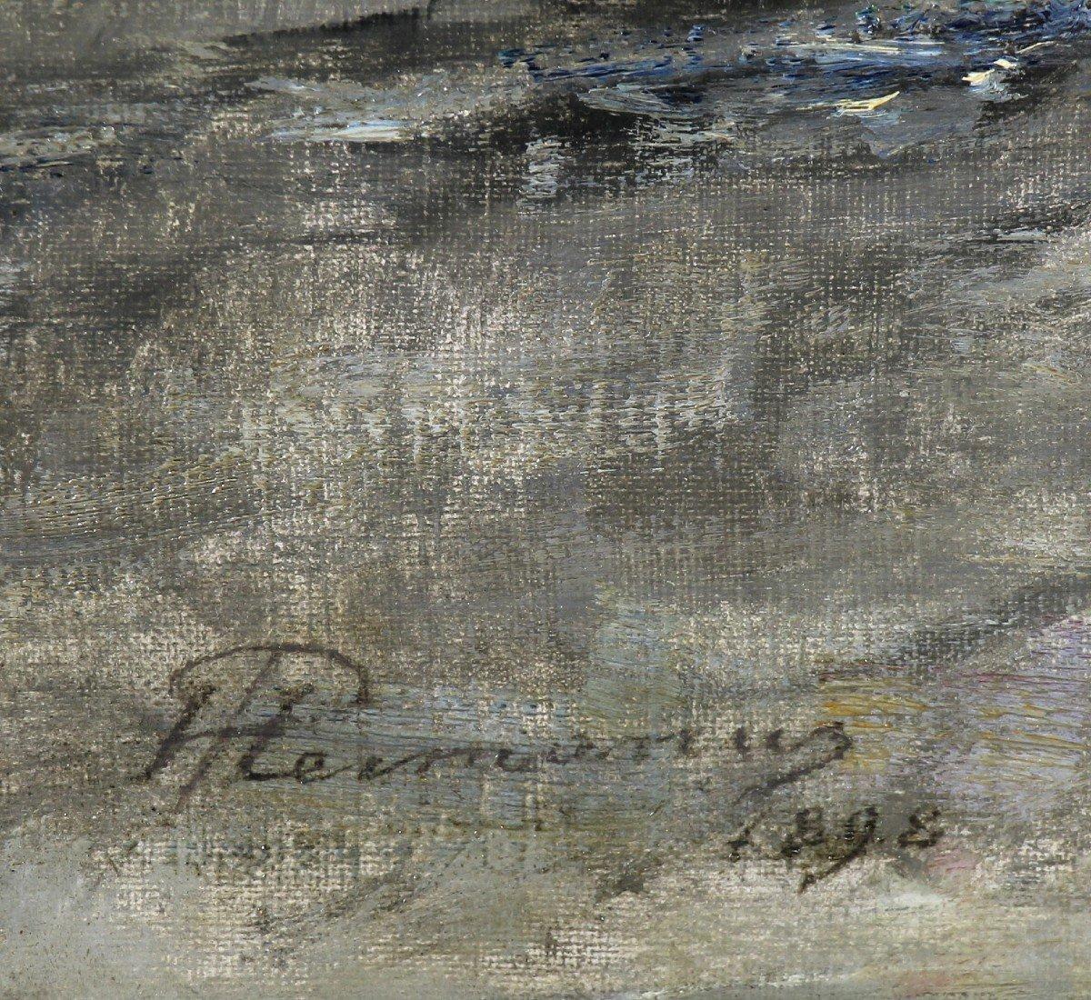 Large Oil On Canvas View Of The Wharfs Of Mechelen In Belgium Dated 1898 - Gold Figurative Painting by Paul Hermanus