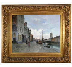 Large Oil On Canvas View Of The Wharfs Of Mechelen In Belgium Dated 1898