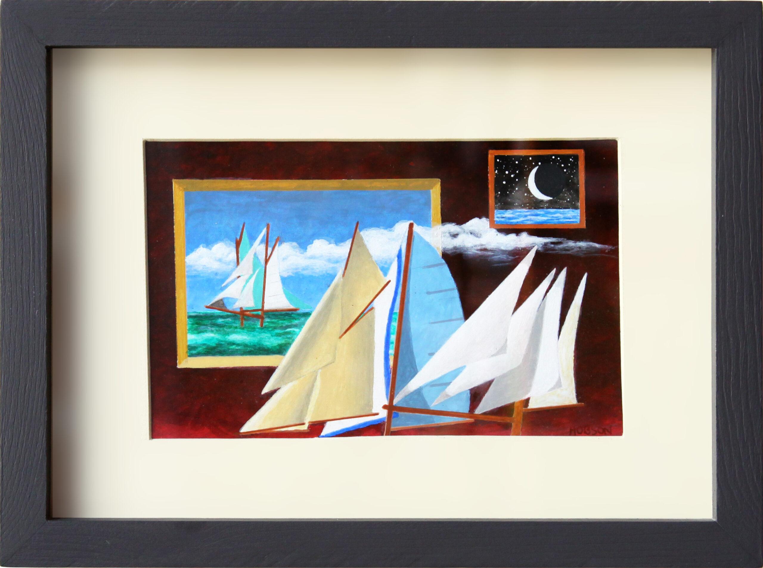 Abstract Painting Paul Hobson - Petite peinture abstraite colorée de paysage marin, "Sails 21" 2023