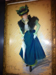 Ritratto d'arte vintage - Parigi, belle epoque, due eleganti signore - pastello  firmato