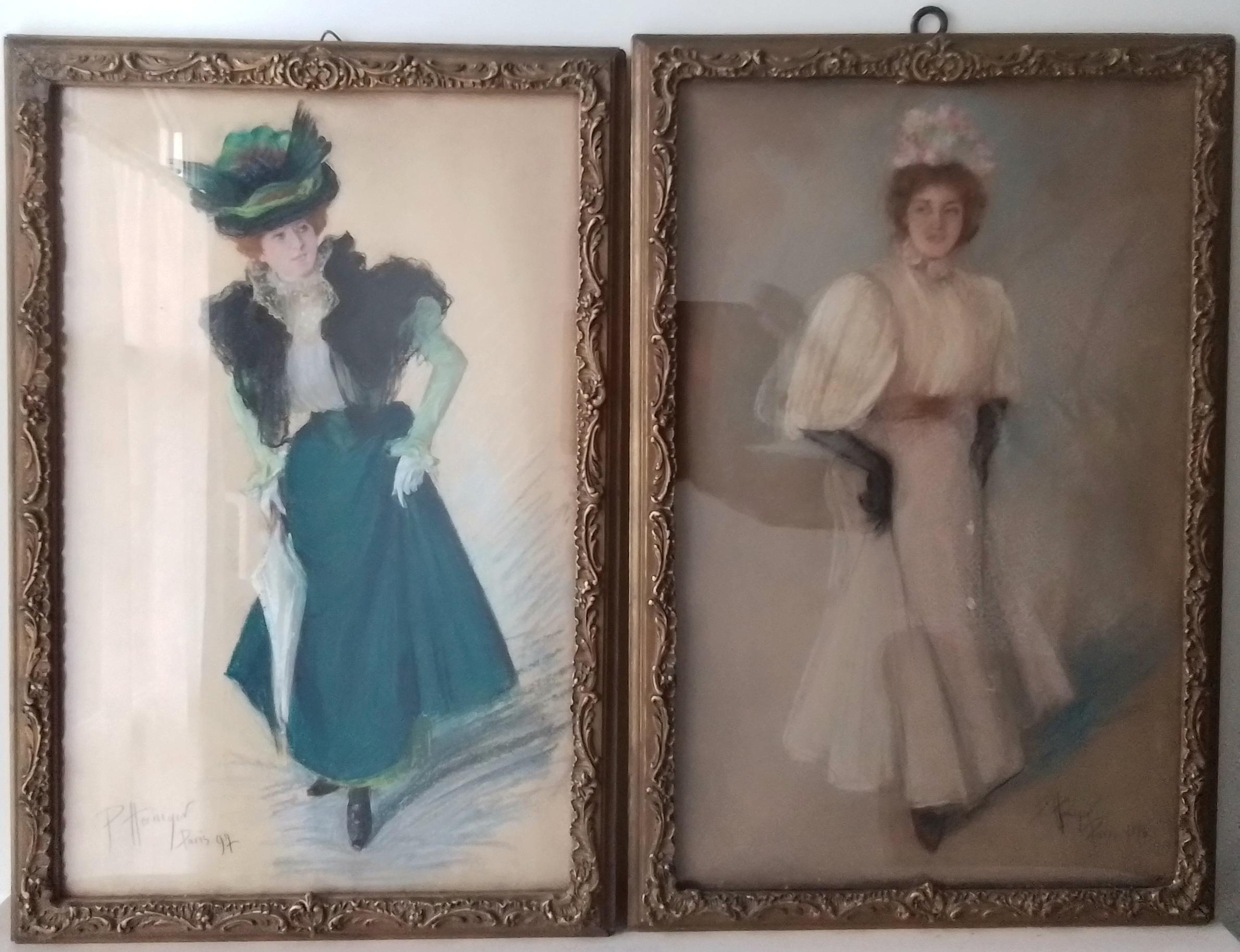 Vintage art portrait - Paris, belle epoque, two elegant ladies - pastel  signed