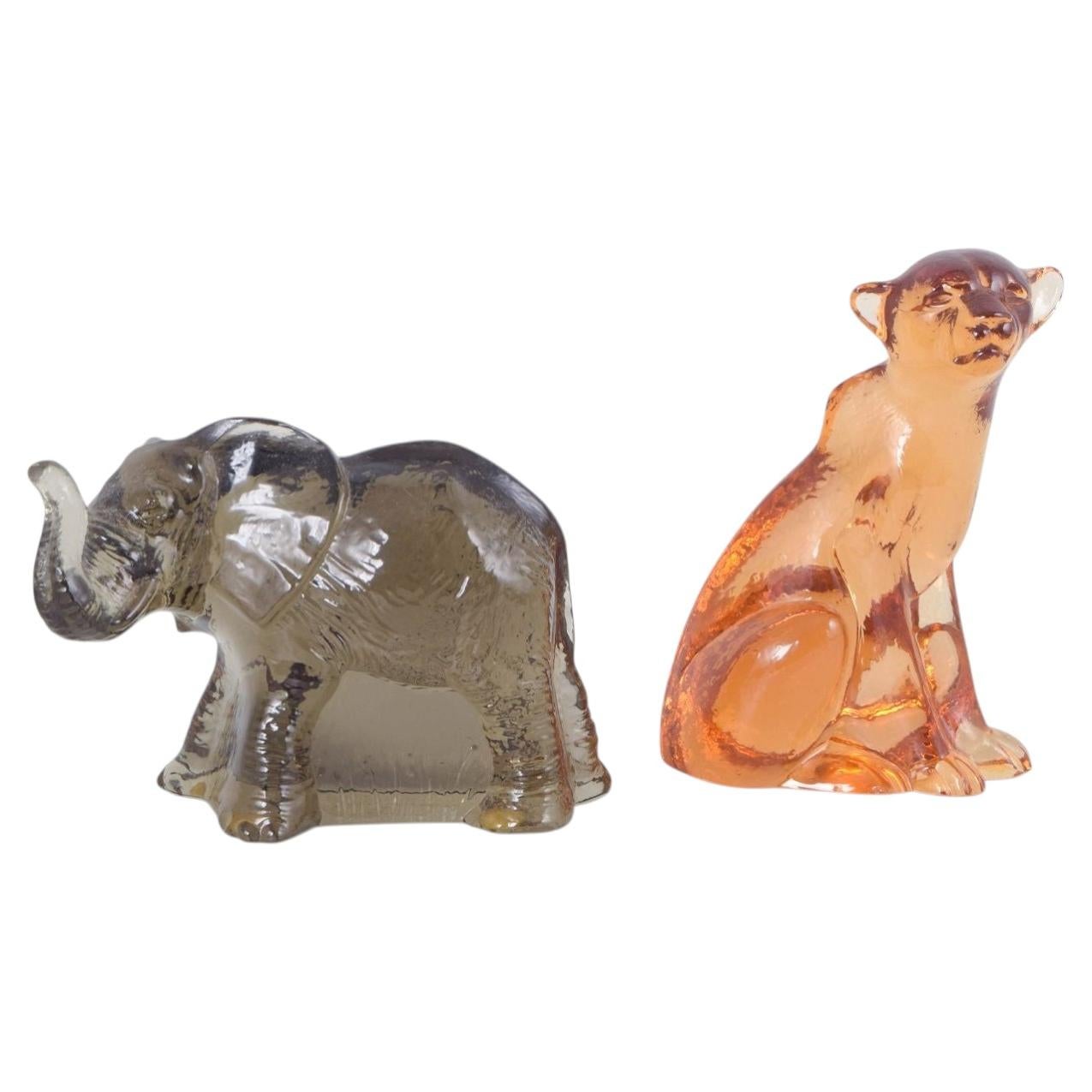 Paul Hoff for Kosta Boda. Two art glass figurines, elephant and puma . 1980s