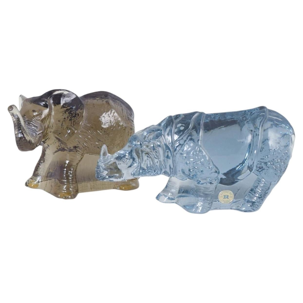 Paul Hoff for Reijmyre. Two art glass figurines, elephant and rhinoceros.