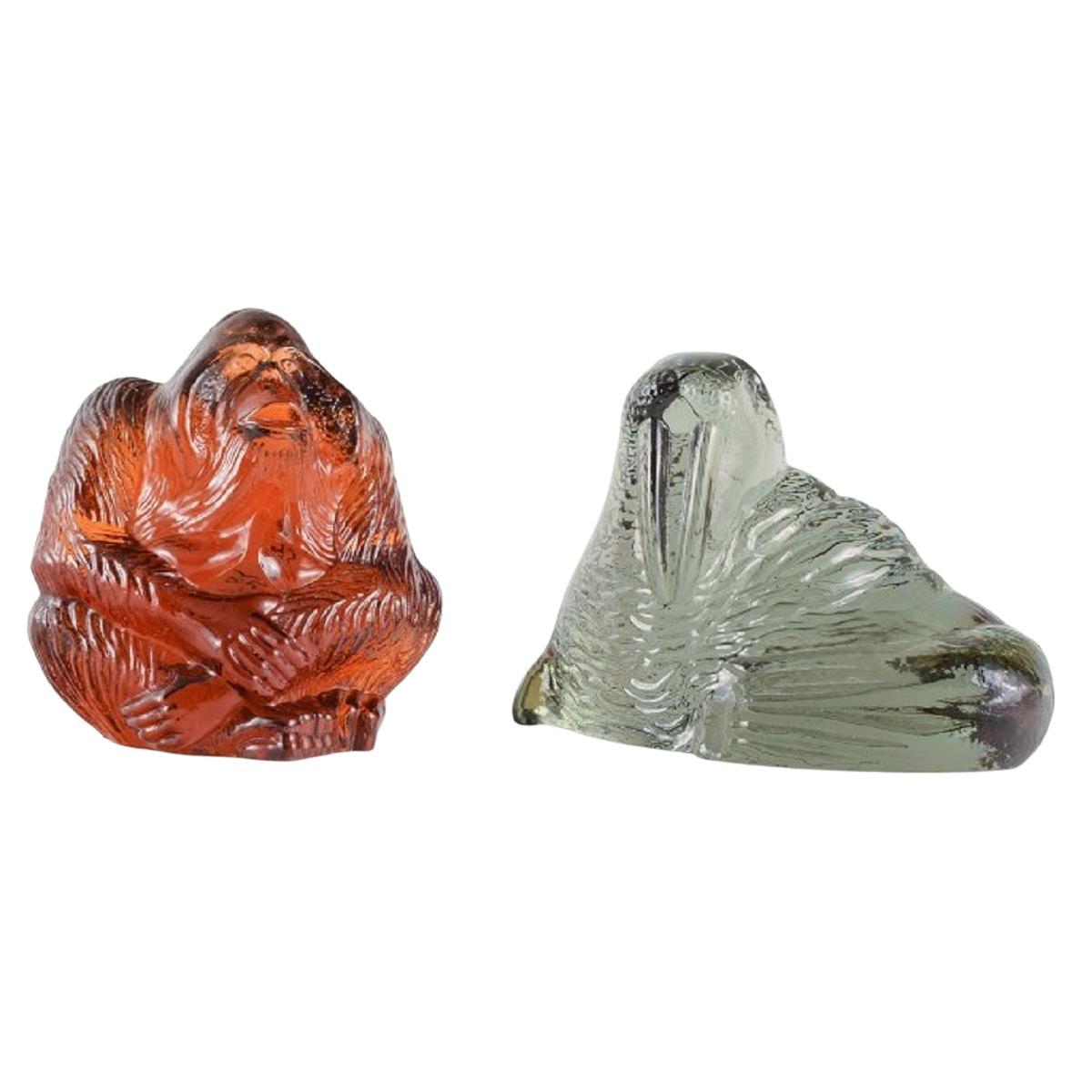 Paul Hoff for Swedish Glass, Two Figures of an Orangutan and a Walrus For Sale
