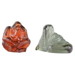 Vintage Paul Hoff for Swedish Glass, Two Figures of an Orangutan and a Walrus