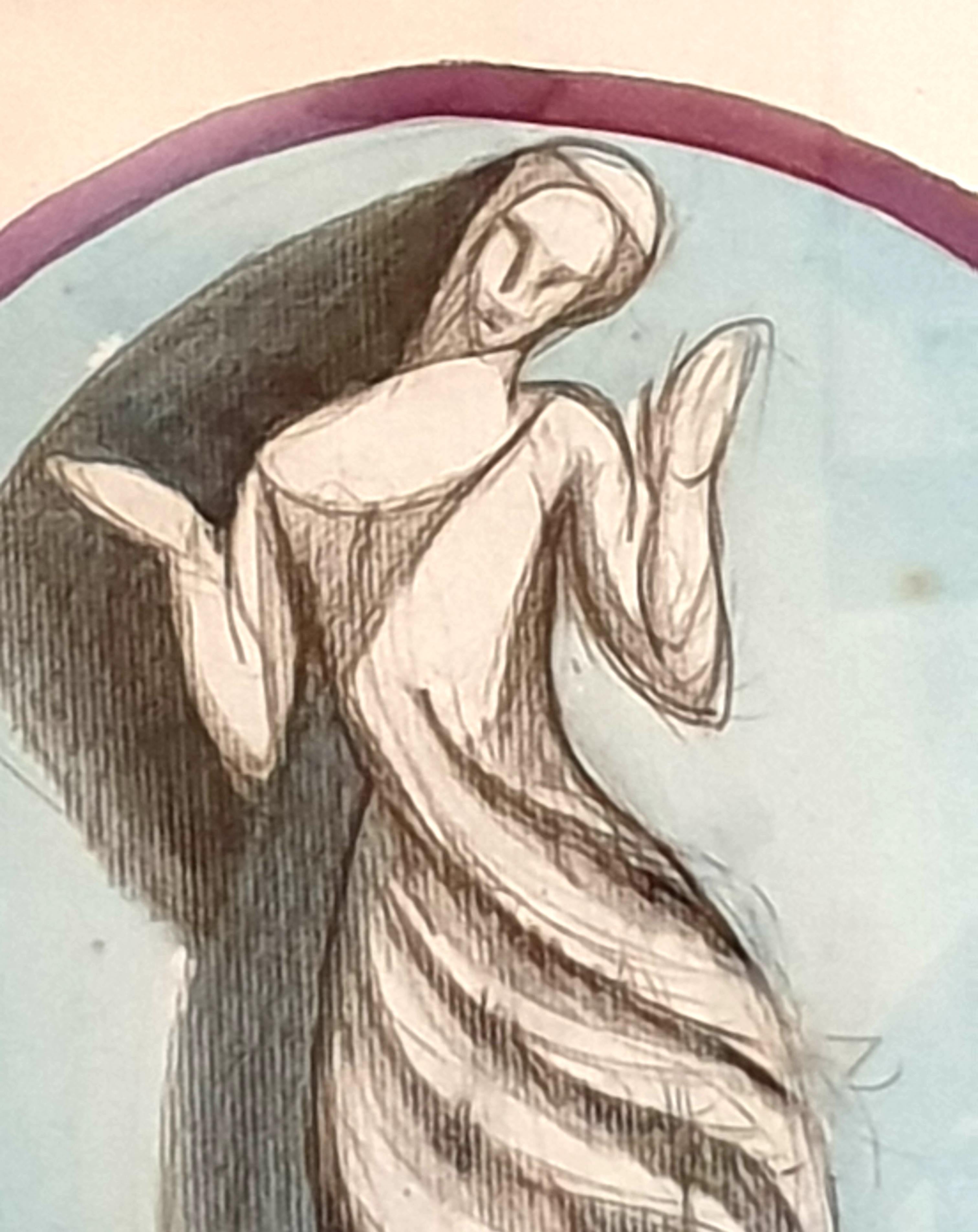 Acquerello art nouveau su carta dei primi del Novecento raffigurante una figura femminile classica dell'artista francese Paul Hogg. Firmato e datato 1919 in basso a destra. Presentato in una bella cornice personalizzata con supporto.

Una