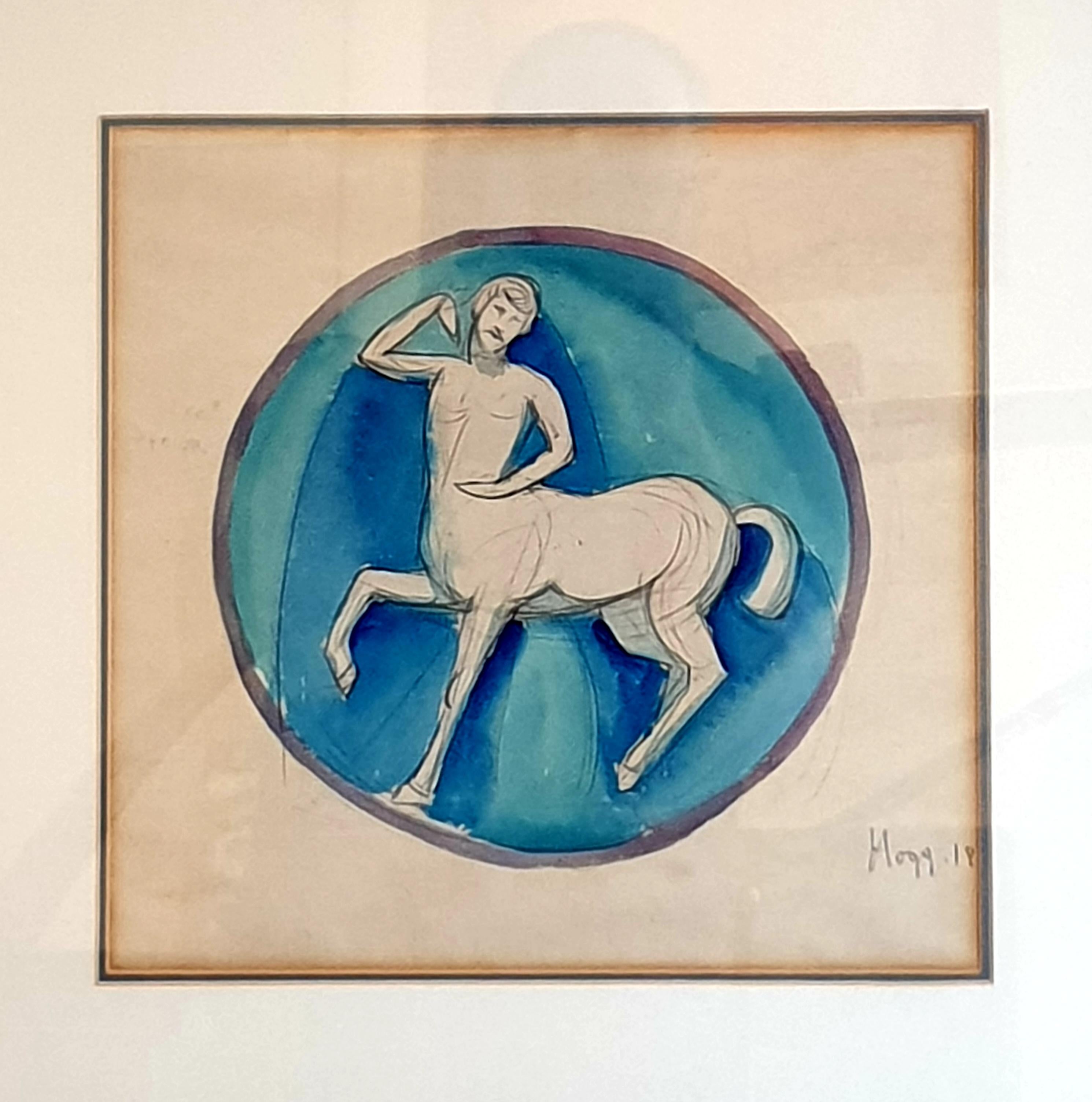 Art Nouveau Watercolour on Paper. Classical Centaur. Classical figure. - Gray Figurative Painting by Paul Hogg