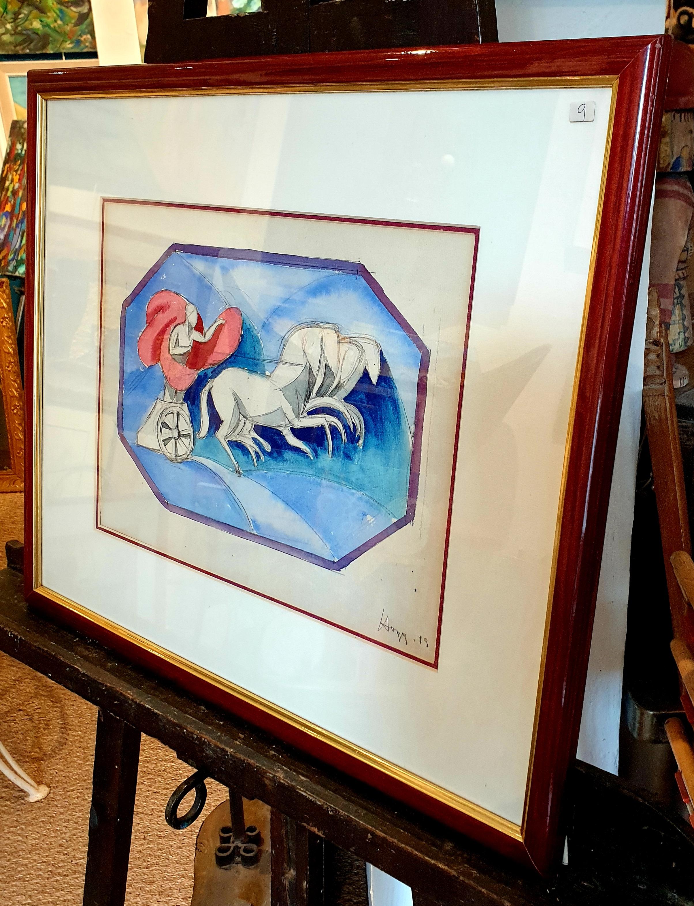 Jugendstil-Aquarell auf Papier, klassischer Chariot und Pferde. im Angebot 6