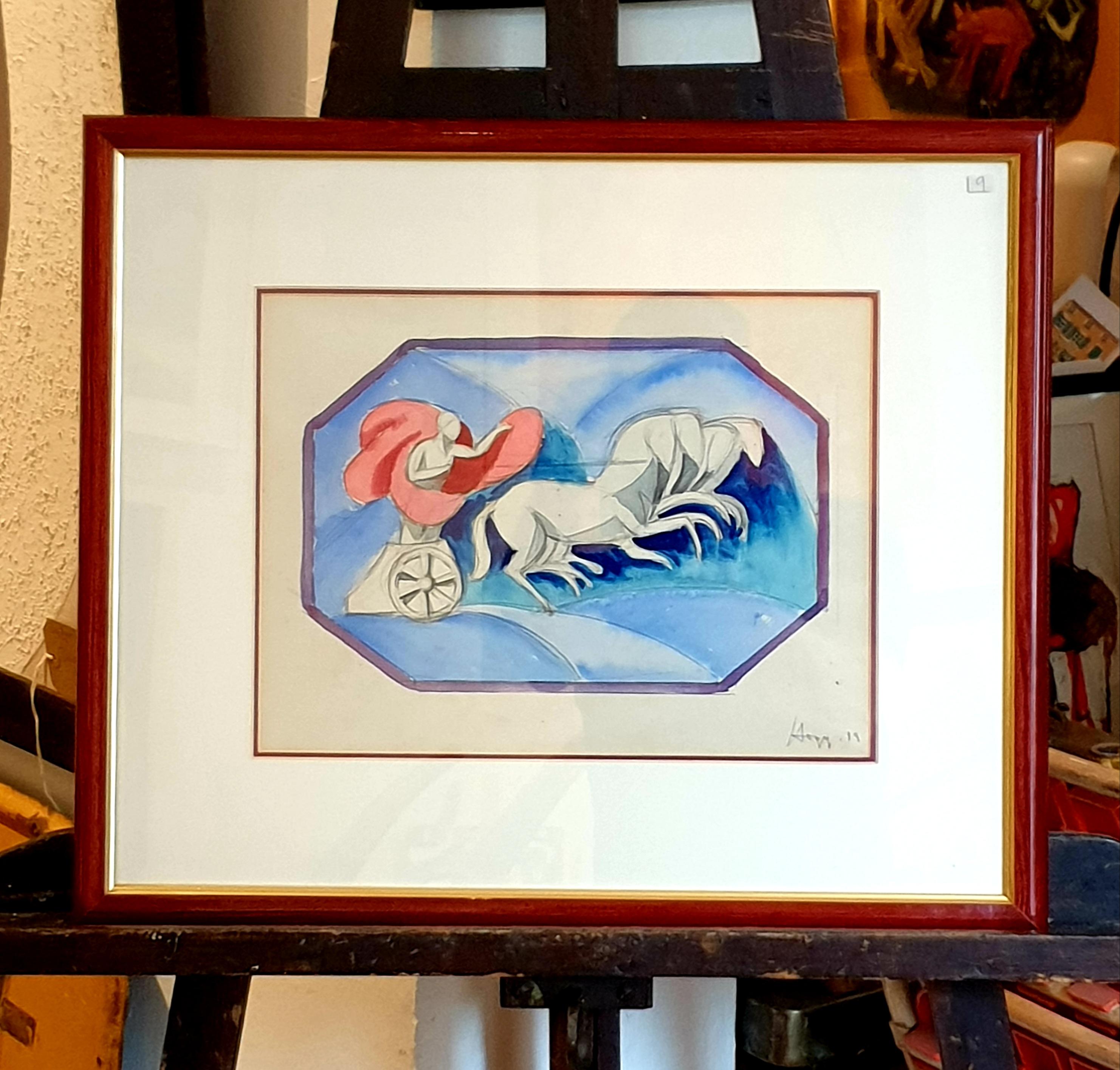 Jugendstil-Aquarell auf Papier, klassischer Chariot und Pferde. im Angebot 7