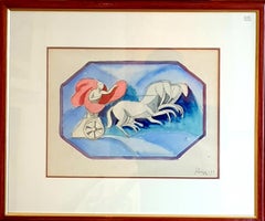 Acuarela Art Nouveau sobre papel, Carro clásico y caballos.