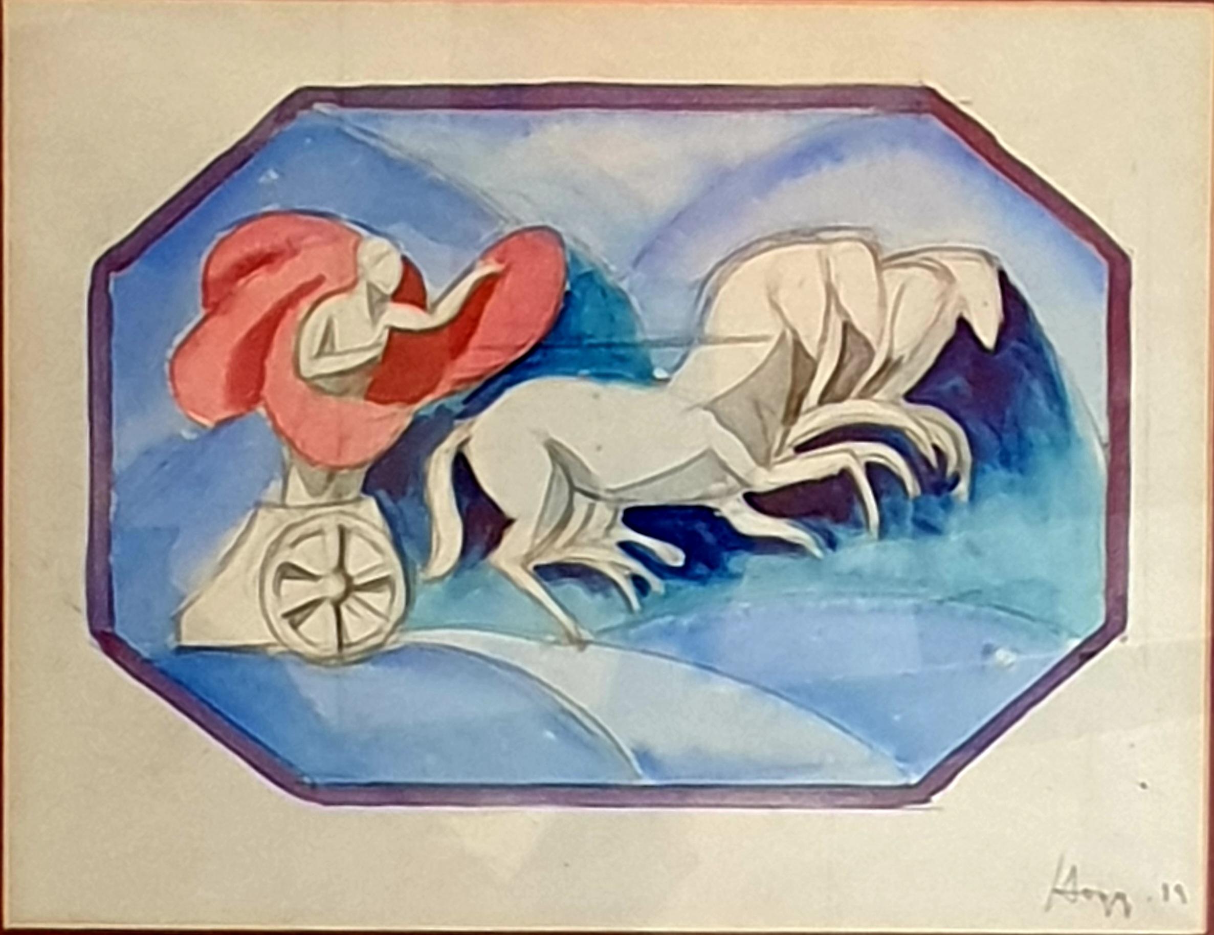 Jugendstil-Aquarell auf Papier, klassischer Chariot und Pferde. (Art nouveau), Painting, von Paul Hogg