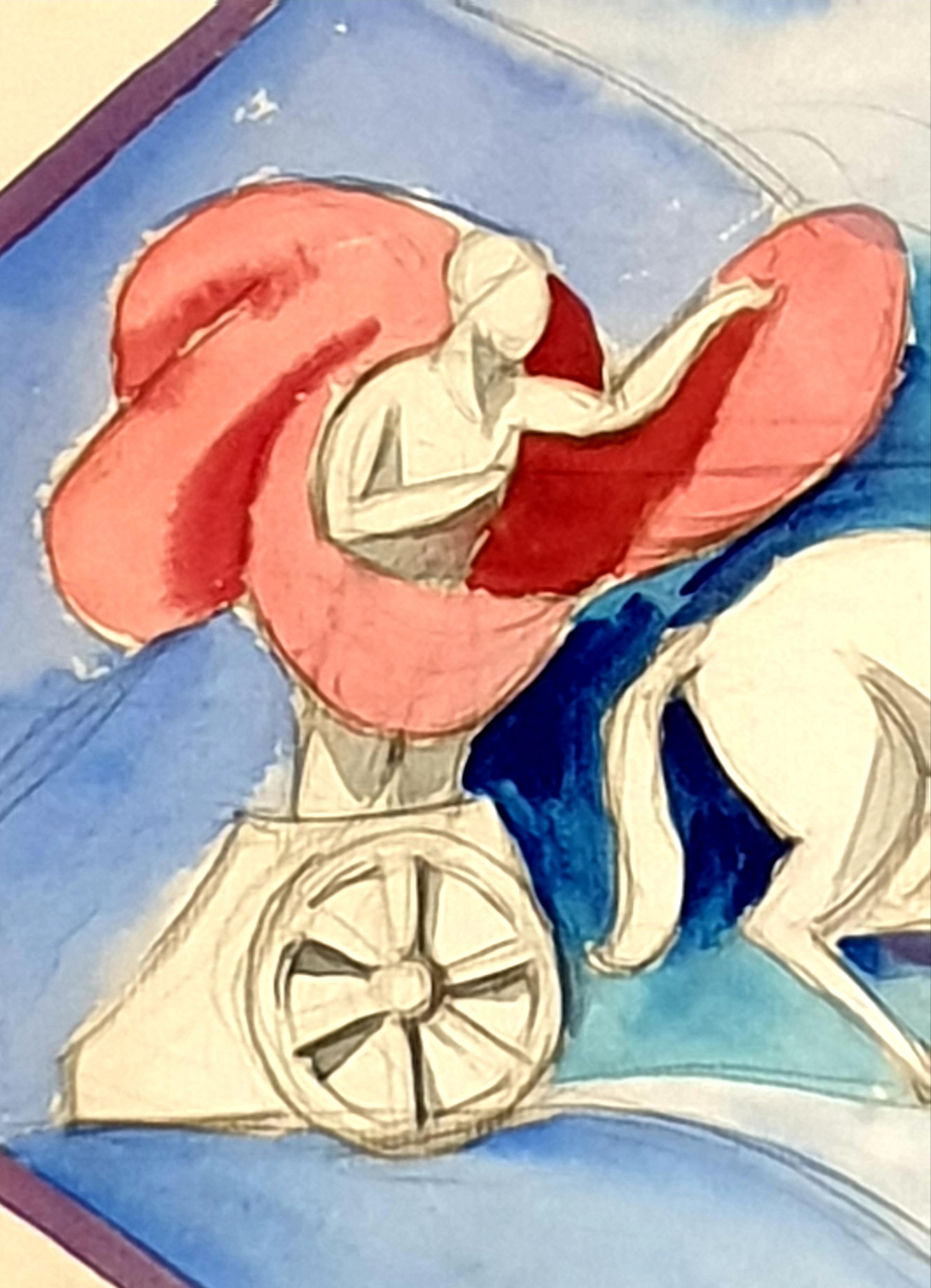 Jugendstil-Aquarell auf Papier, klassischer Chariot und Pferde. (Grau), Animal Painting, von Paul Hogg