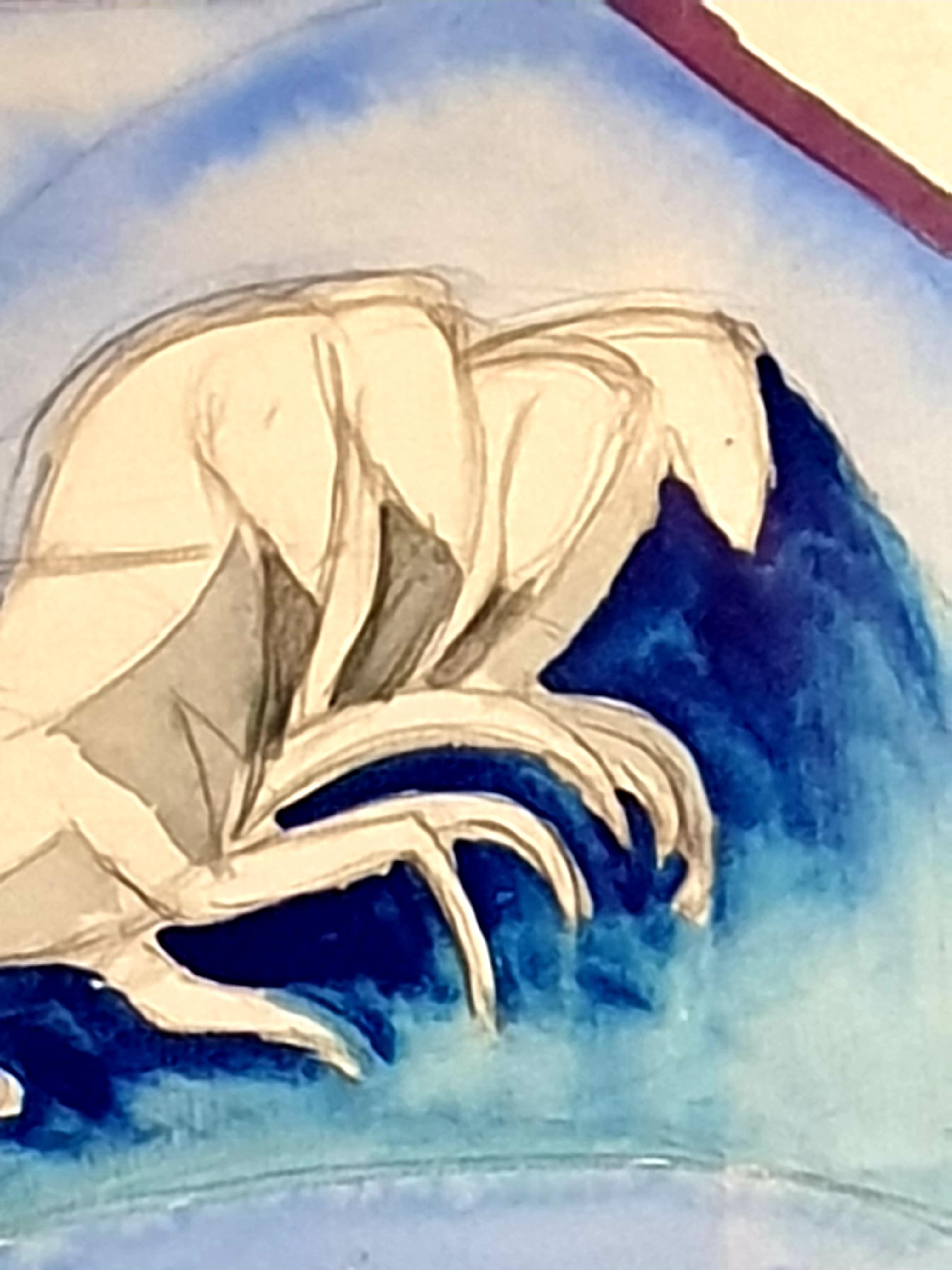 Jugendstil-Aquarell auf Papier, klassischer Chariot und Pferde. im Angebot 1