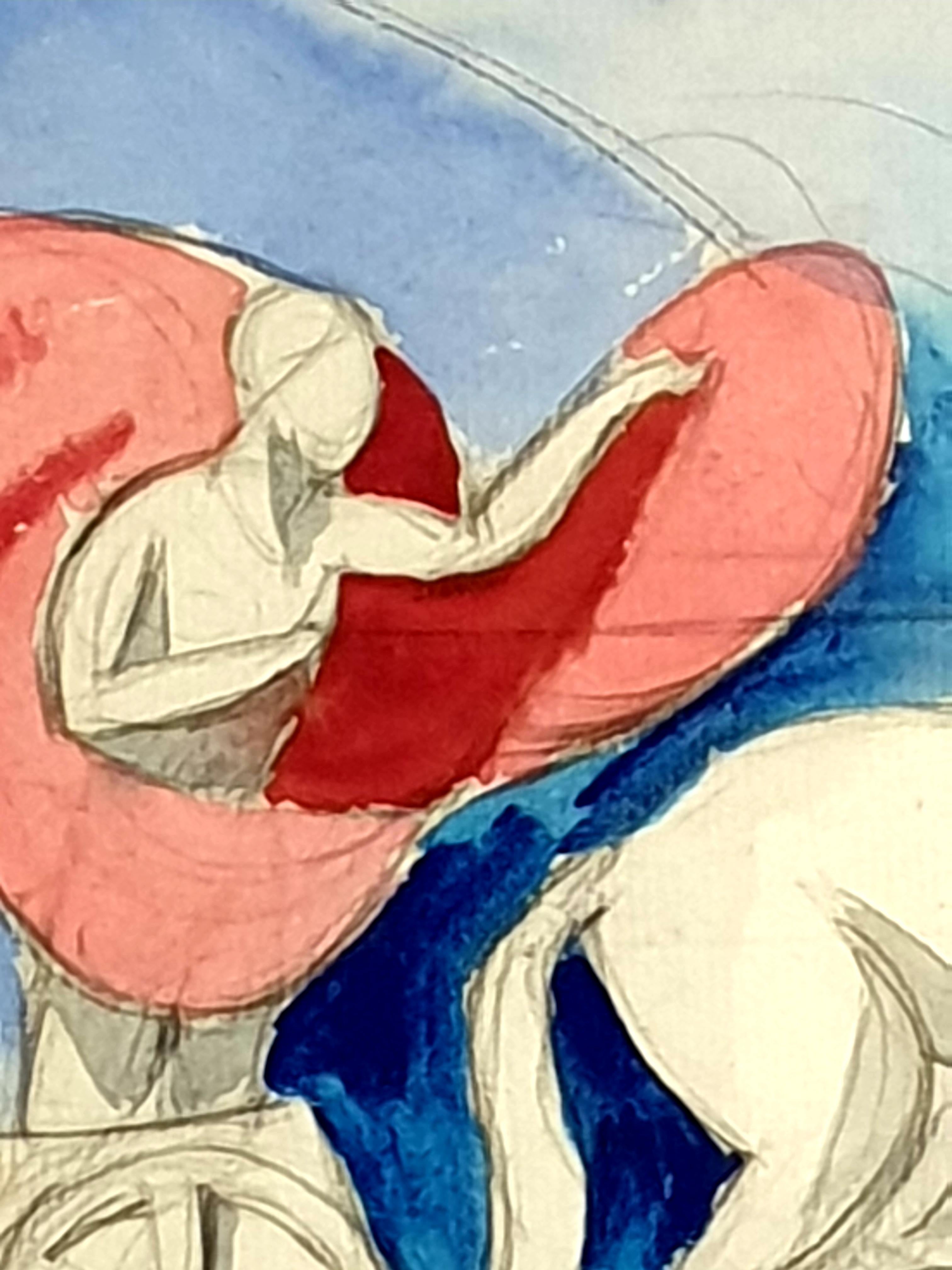 Jugendstil-Aquarell auf Papier, klassischer Chariot und Pferde. im Angebot 2