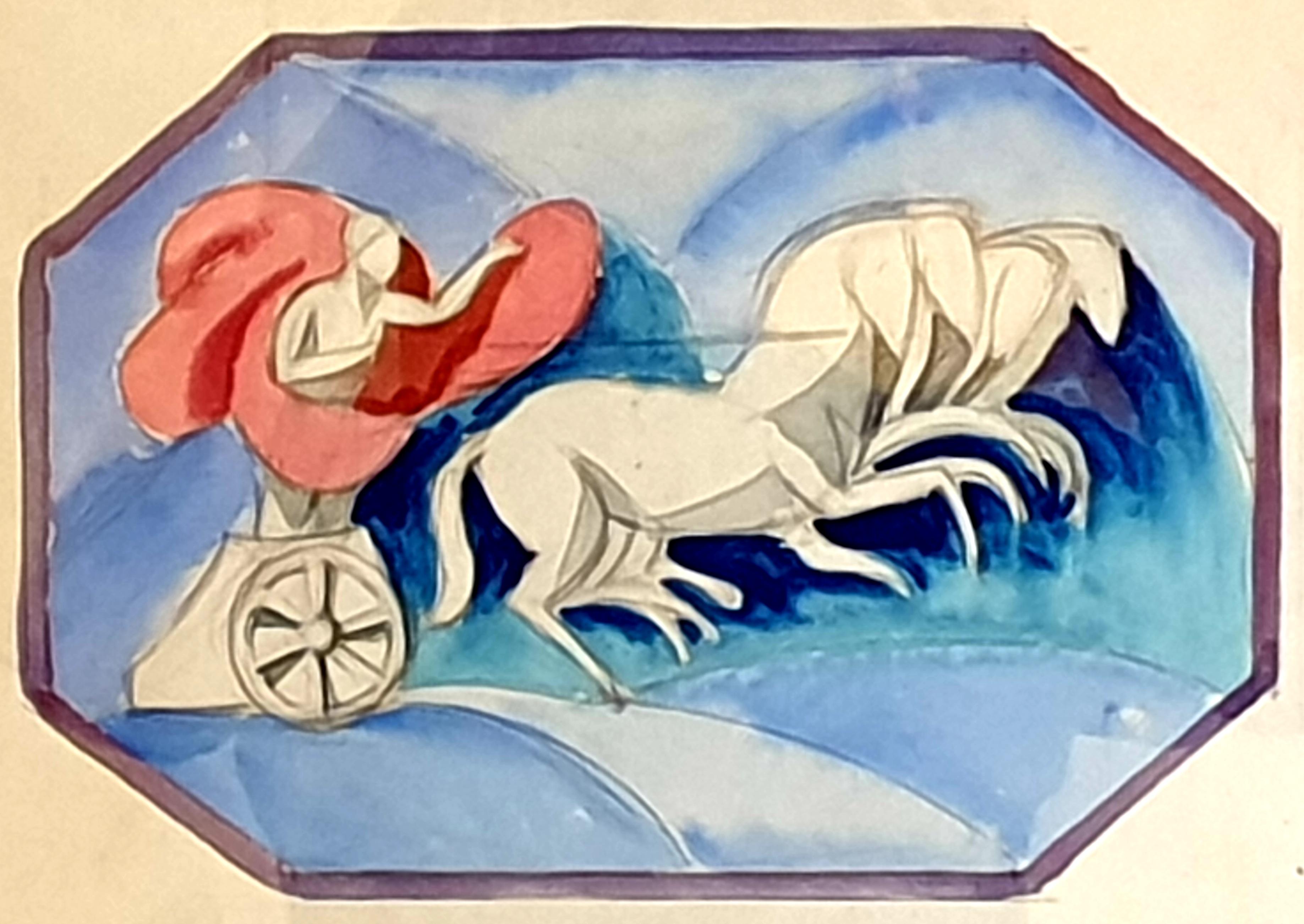 Acuarela Art Nouveau sobre papel, Carro clásico y caballos.