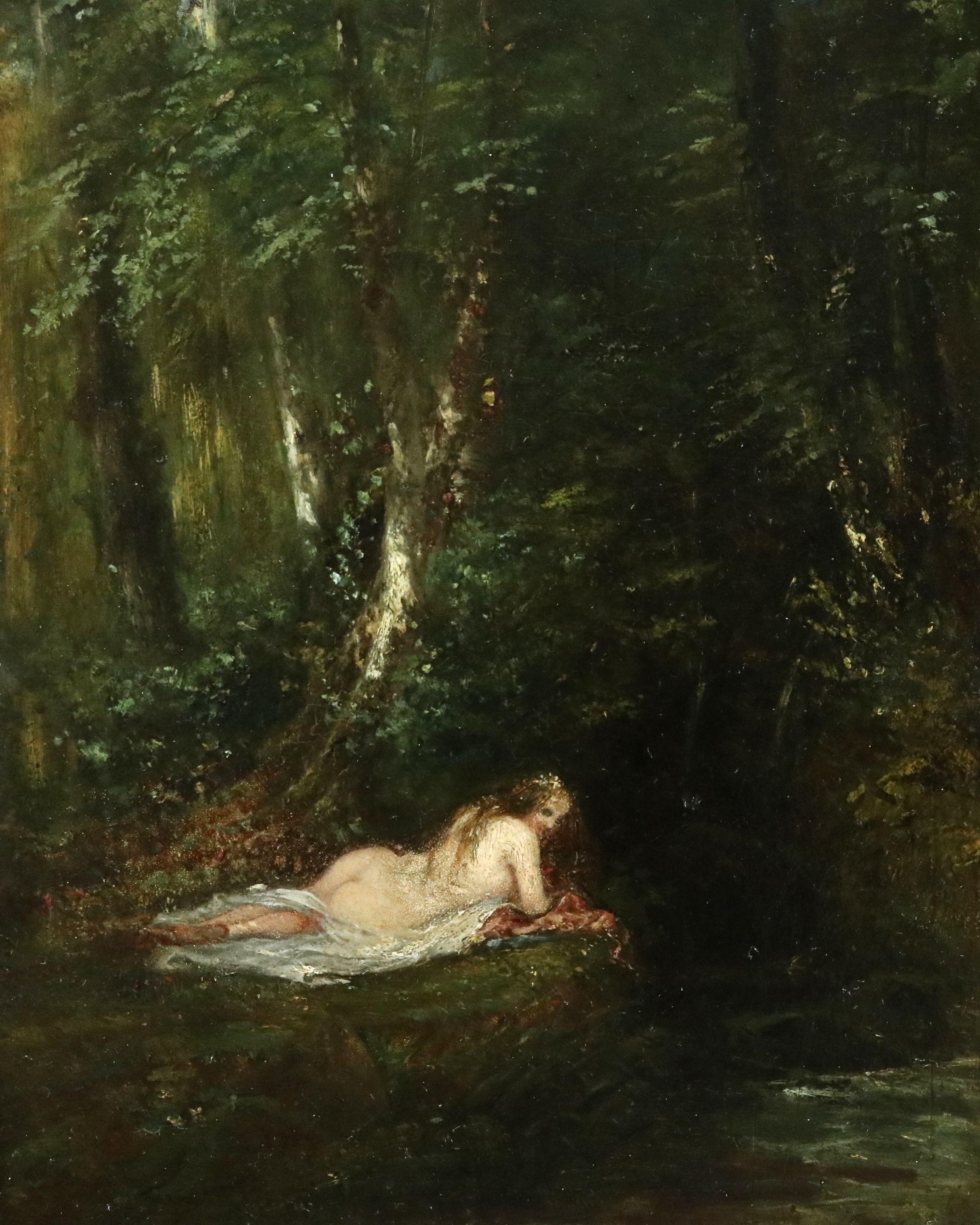 Paul Huet Landscape Painting - La Nymphe des Bois- 19th Century Oil, Nude Figure in Forest Landscape by P Huet 