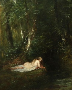 Antique La Nymphe des Bois- 19th Century Oil, Nude Figure in Forest Landscape by P Huet 