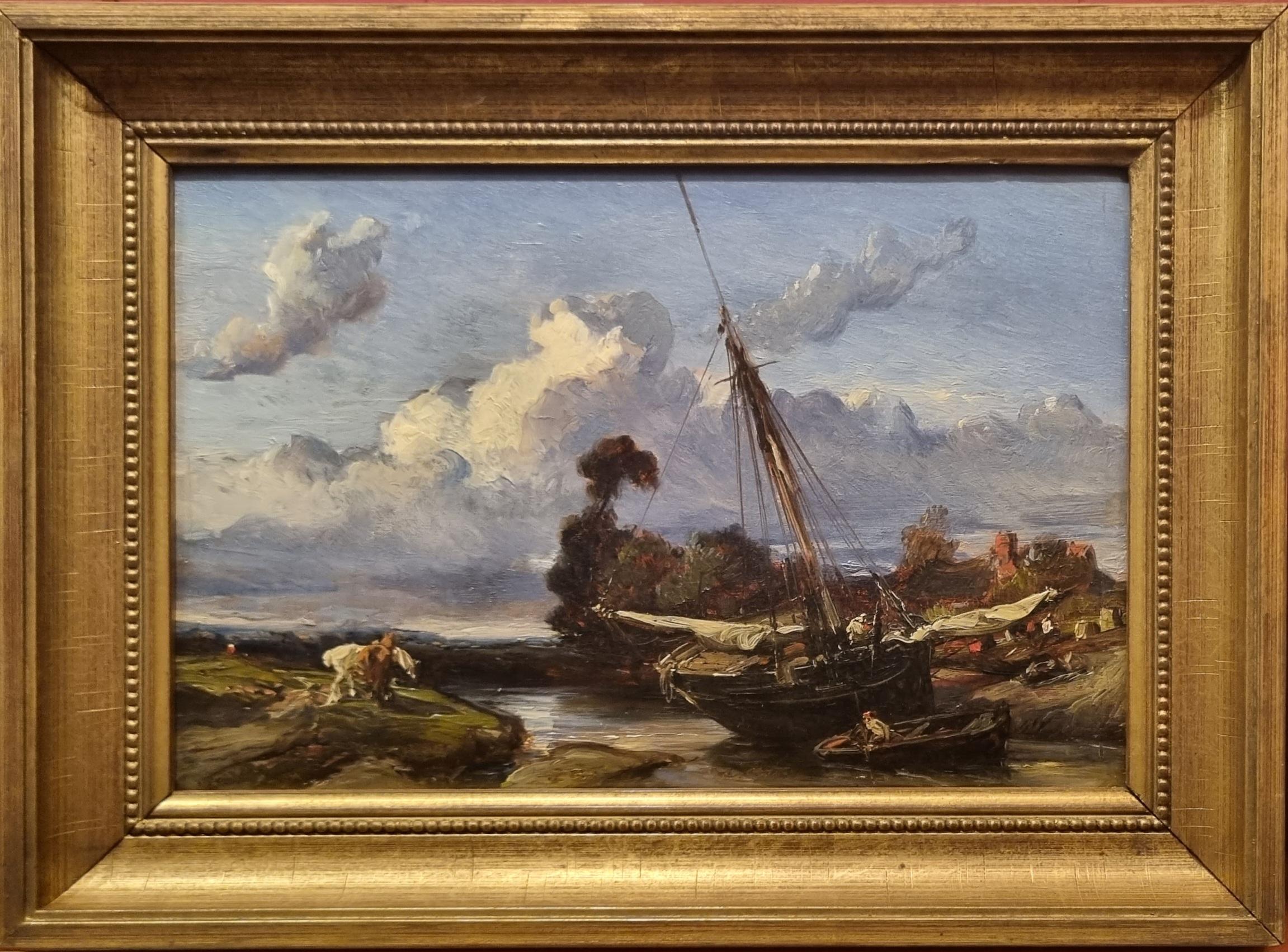Romantic French Painting Attributed to Paul HUET Landscape Boat River 19th (Grau), Landscape Painting, von Paul Huet
