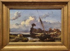 Romantic French Painting Attributed to Paul HUET Landscape Boat River 19th