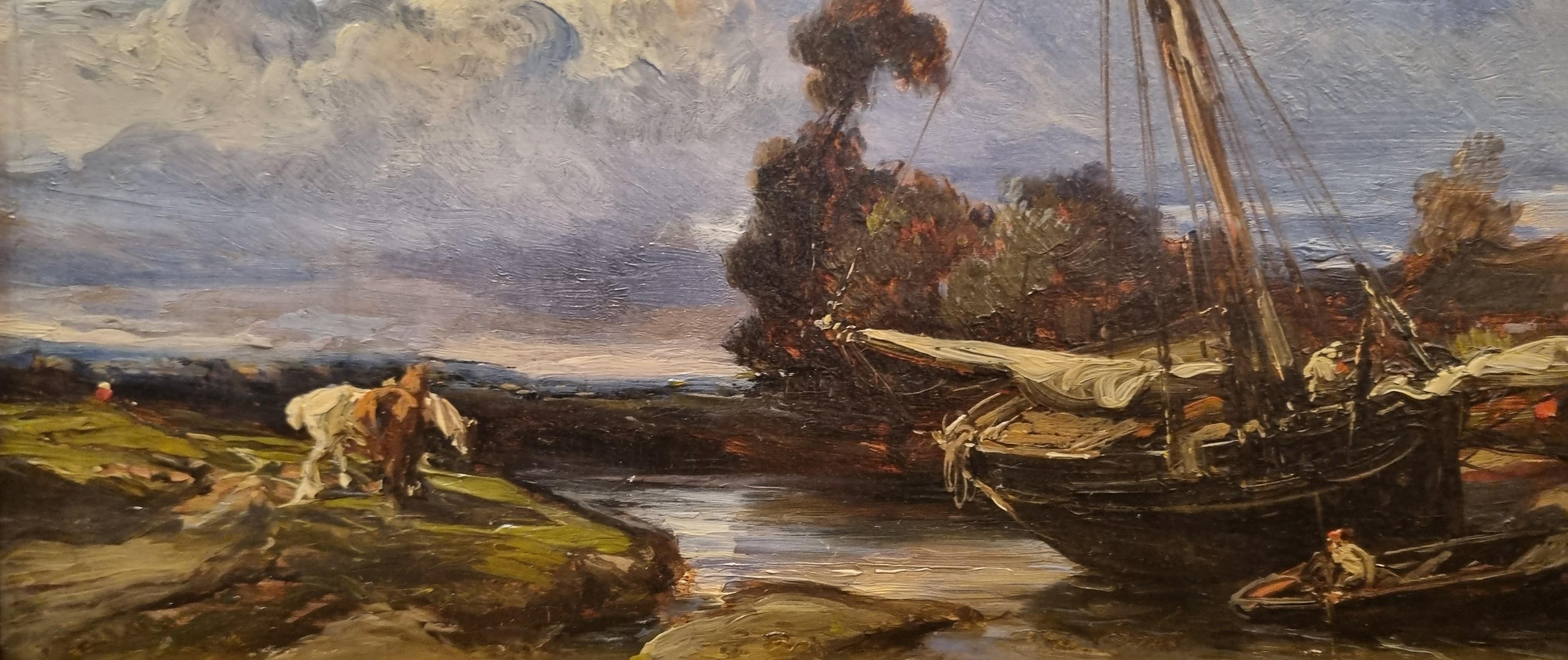Paul HUET (Attributed to)
Landscape with a boat on a strait
Oil on wood panel
22 x 34 cm (31 x 43 cm with frame)
Panel dealer's stamp on the verso and collector's stamp?
Very good condition