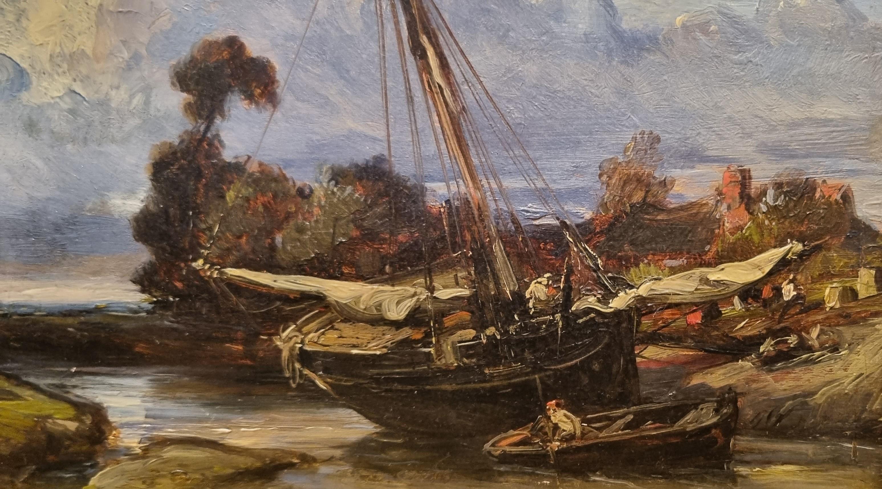 Romantic French Painting Attributed to Paul HUET Landscape Boat River 19th im Angebot 1