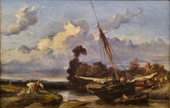 Romantic French Painting Attributed to Paul HUET Landscape Boat River 19th