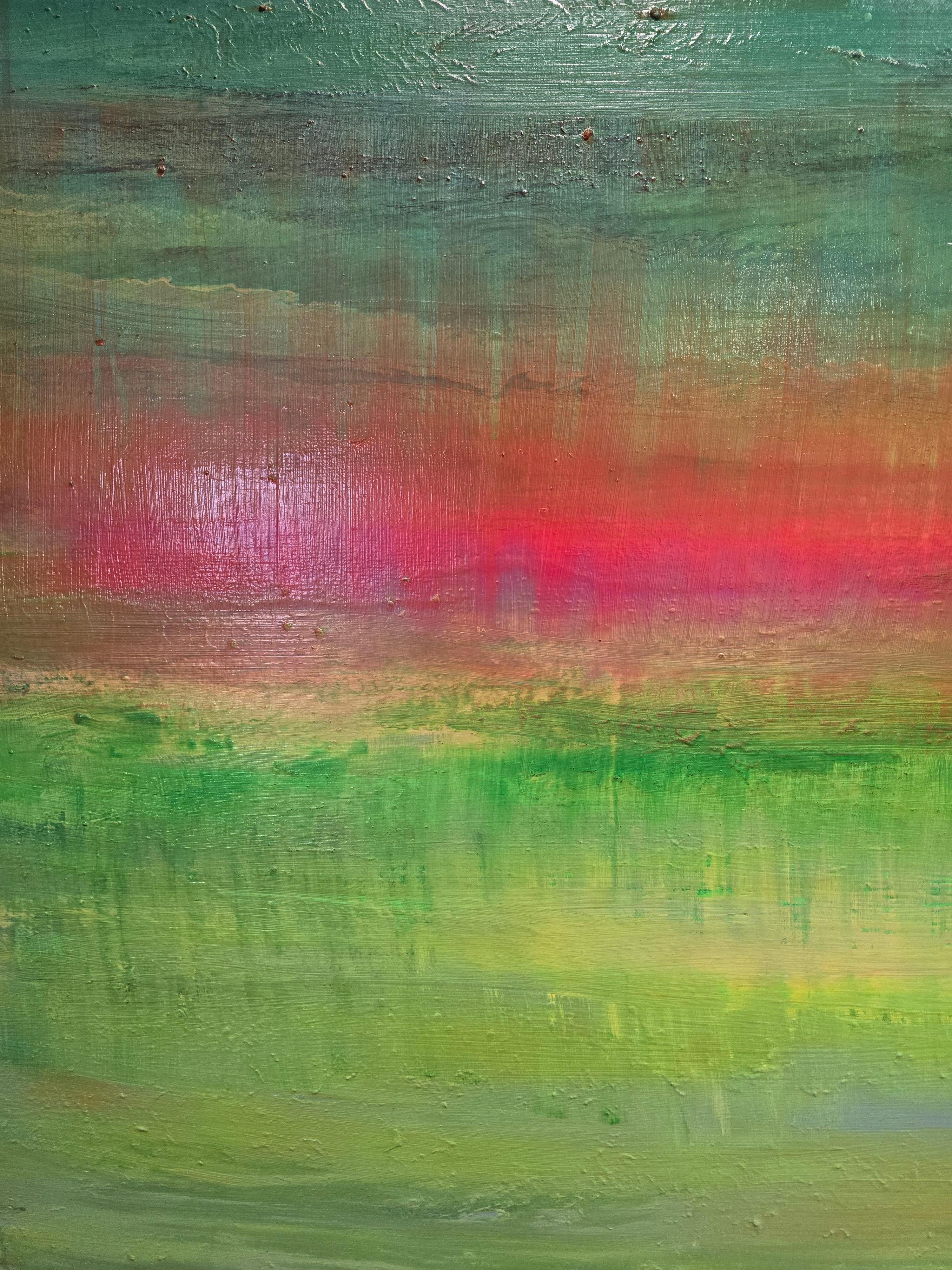 In Screaming for Joy No. 21, Paul Hughes channels the elemental vitality of his Kerry surroundings into a luminous abstraction that transcends place. Bands of emerald, turquoise, and crimson stretch and blur in continuous motion, evoking both the