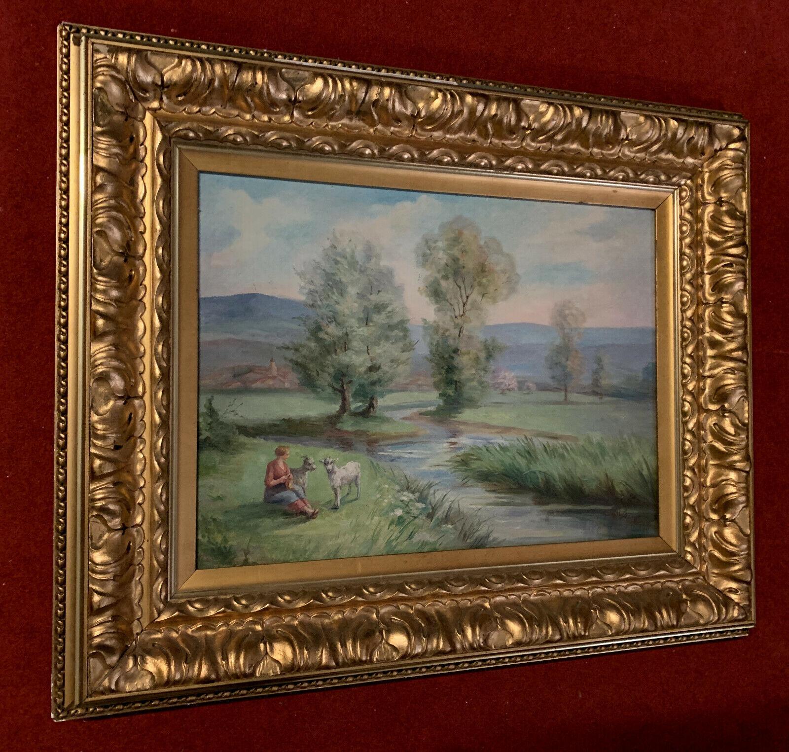  Paul Huntington Genteur (1888-1965) Oil Painting - Lakeside Landscape -1X19 In Good Condition For Sale In Bordeaux, FR