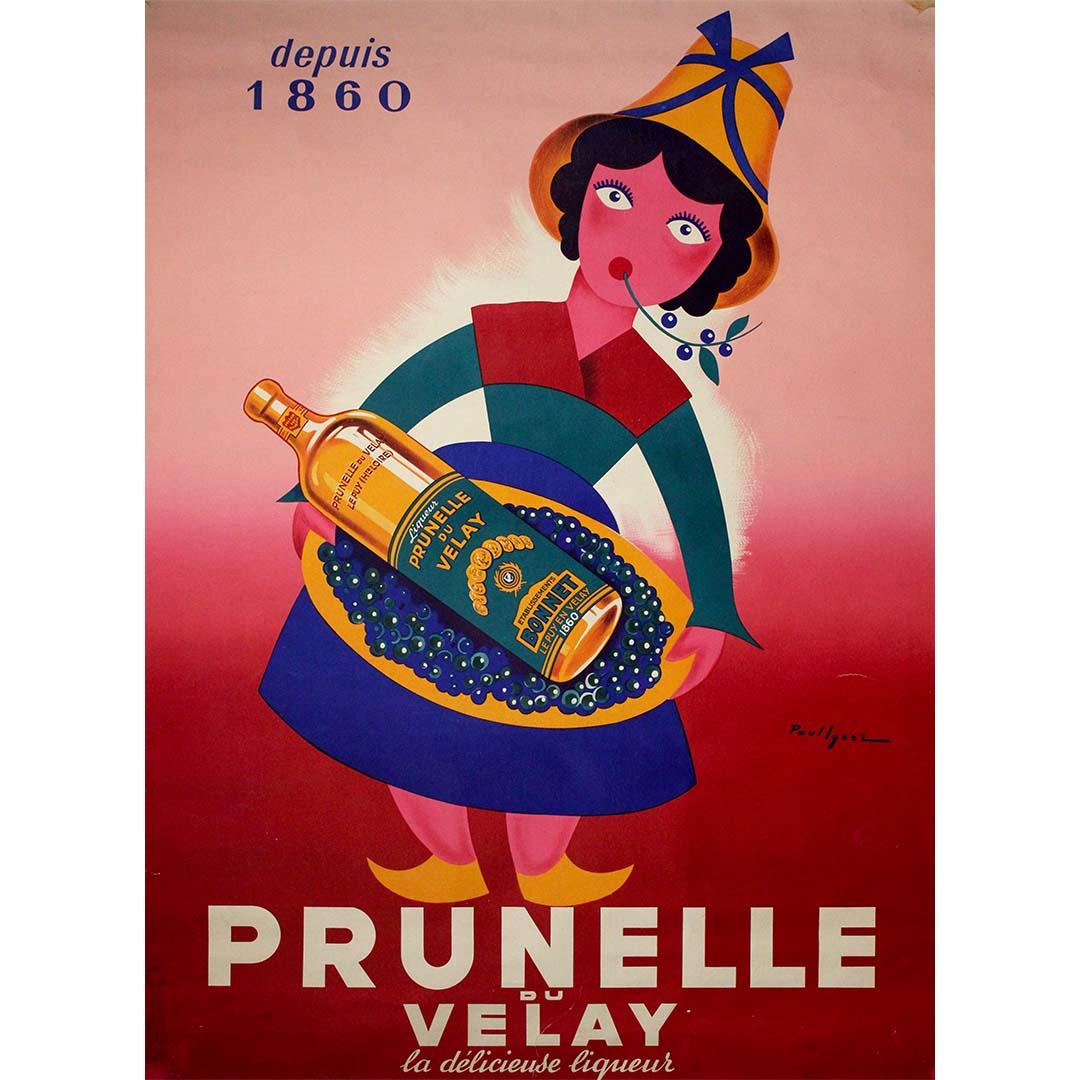 Playful, bold, and irresistibly charming, this mid-century advertising poster for Prunelle du Velay liqueur captures the vibrant spirit of 1950s French graphic design. Illustrated by Paul Igert, the artwork features a stylized young woman in