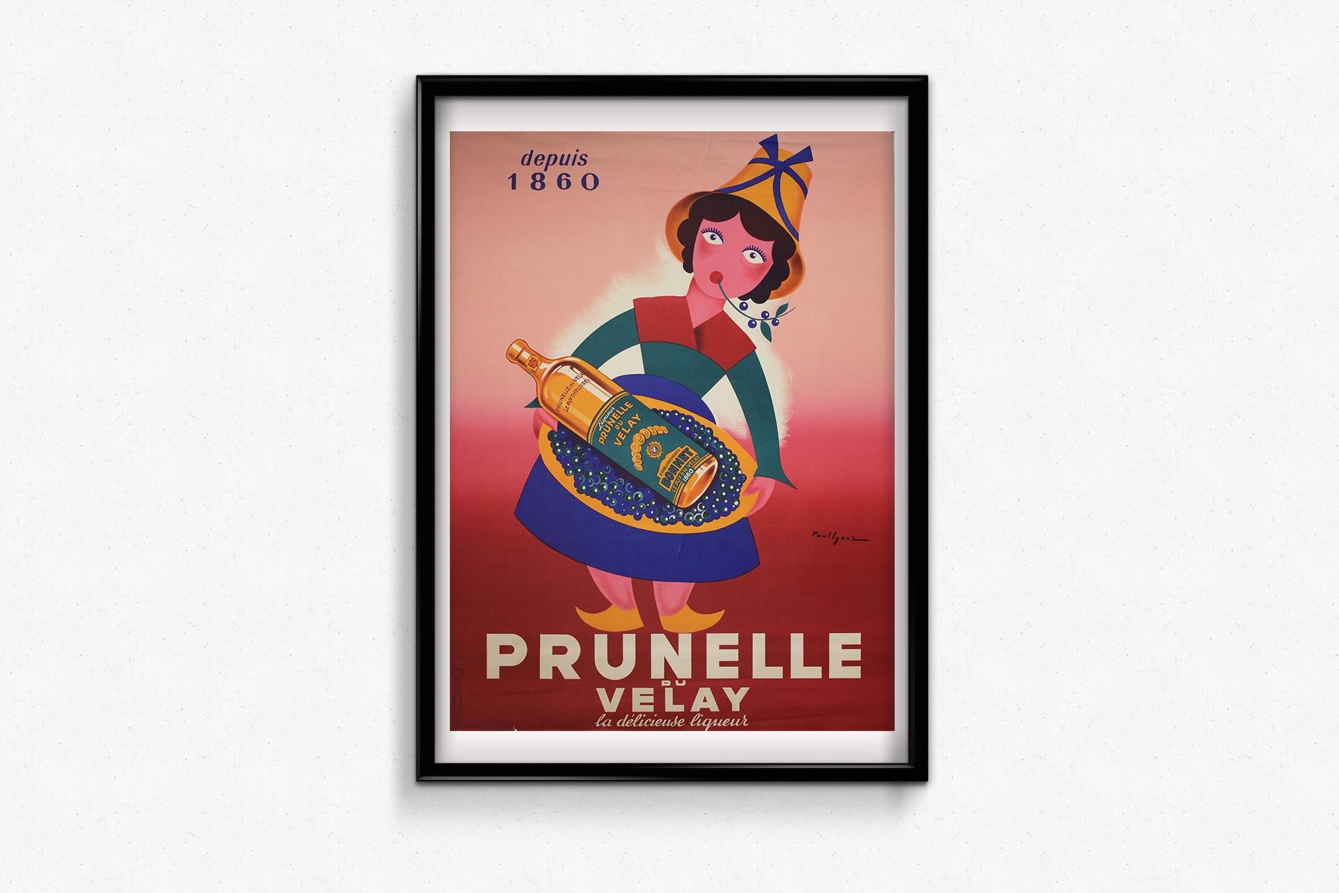Bursting with charm and playful sophistication, this vibrant original 1950s poster by Paul Igert captures the essence of French liqueur advertising at its most whimsical. Created for the iconic Prunelle du Velay, a plum-based digestif produced since