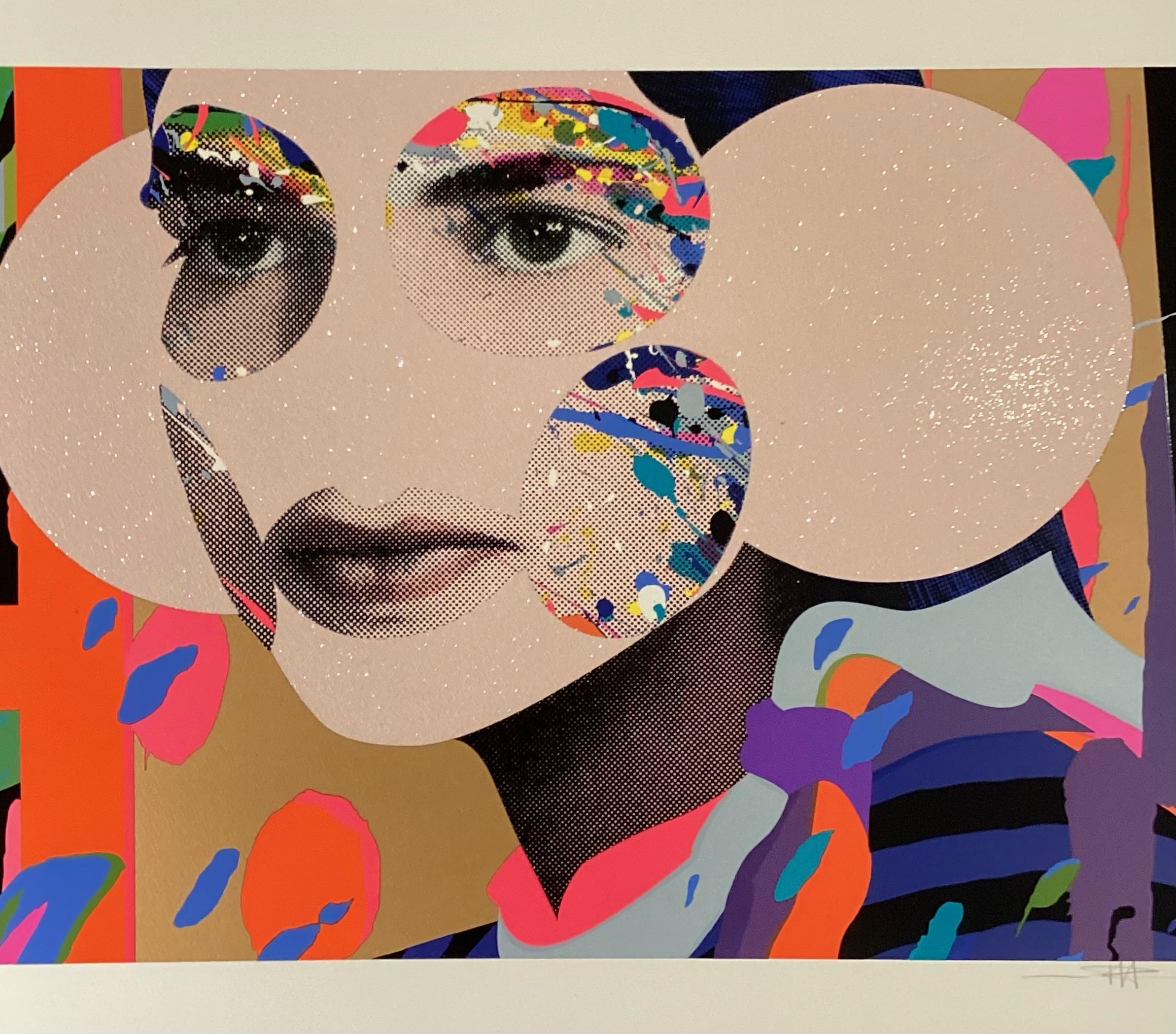 Paul Insect’s bright, multi-textured collages feature cropped portraits, patterned color fields, benday dots, and decorative elements such as diamond dust and glitter. The U.K.-born and -based artist, who prefers to keep his true identity anonymous,